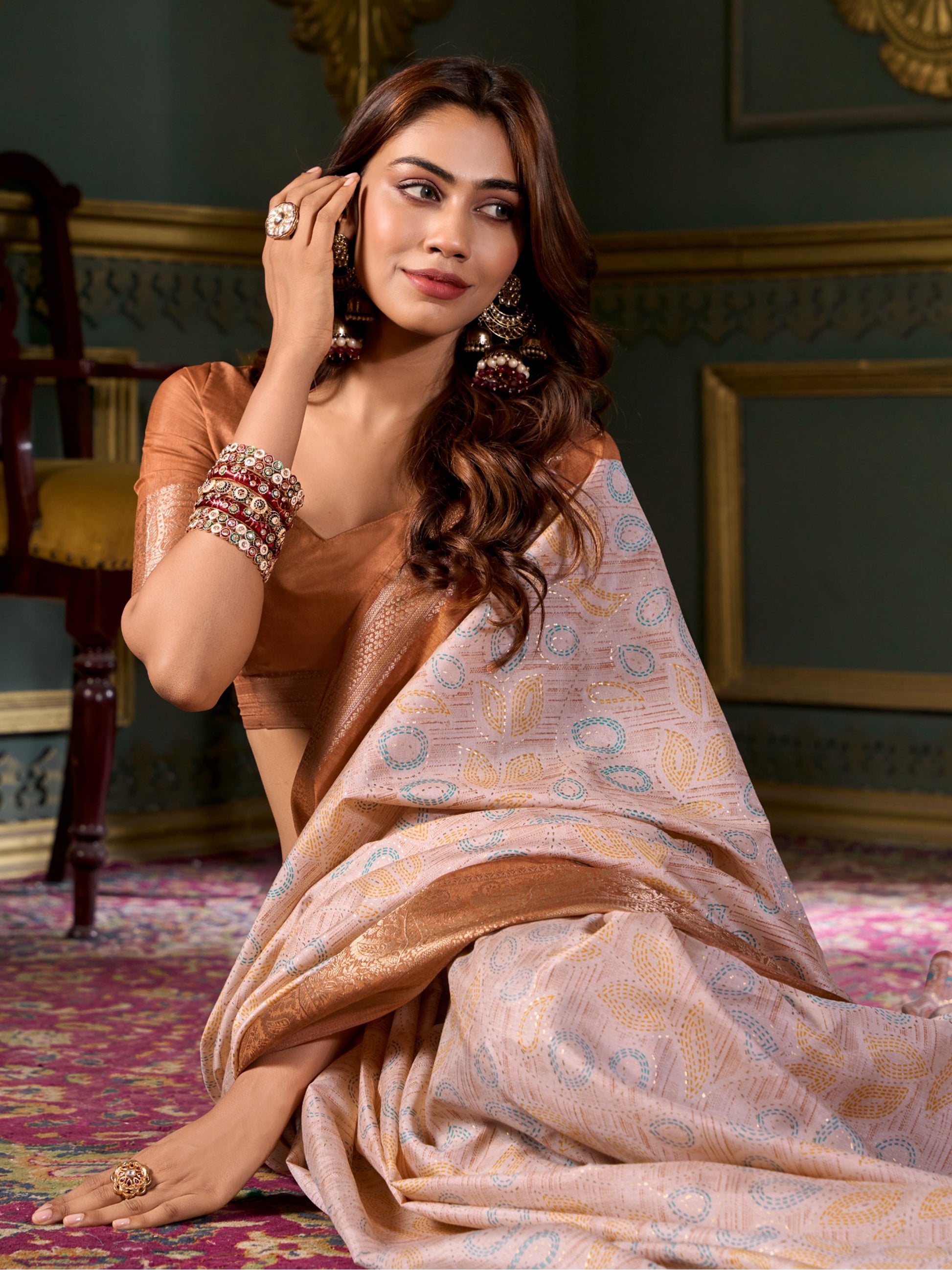 Marvelous Brown Printed Dola Silk Traditional Saree With Blouse