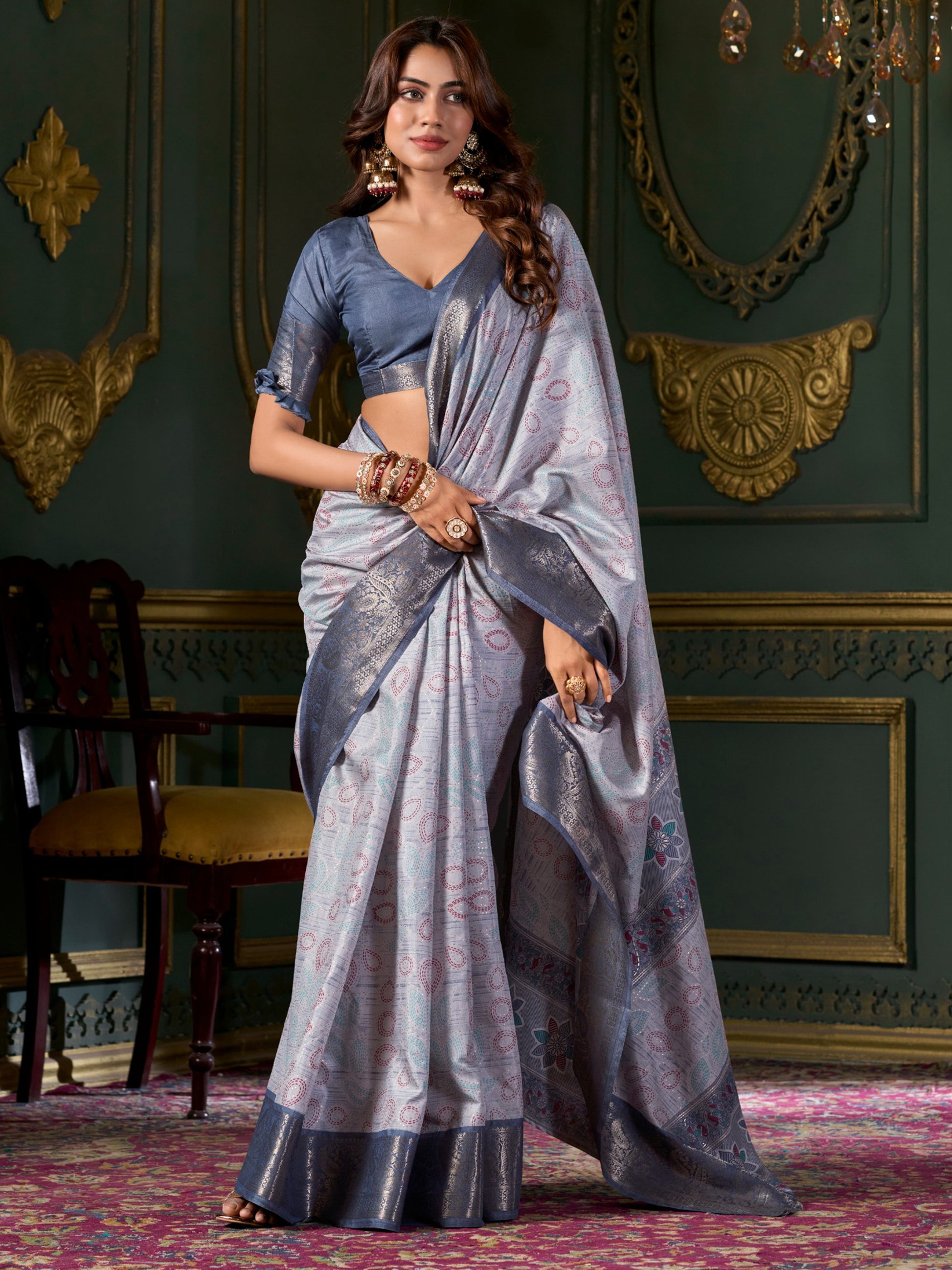 Attractive Dusty Blue Printed Dola Silk Event Wear Saree With Blouse