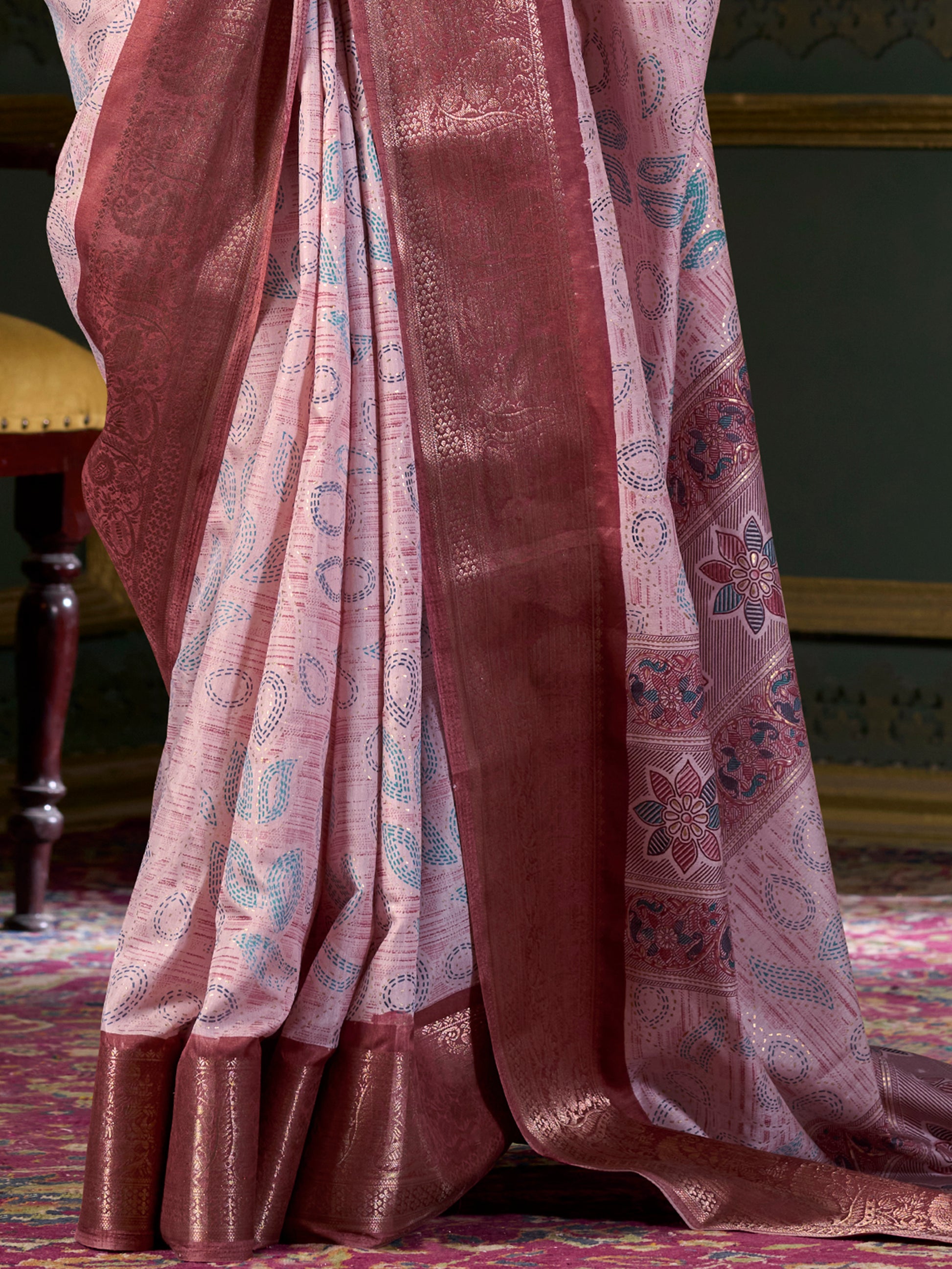 Gorgeous Maroon Printed Dola Silk Festival Wear Saree With Blouse