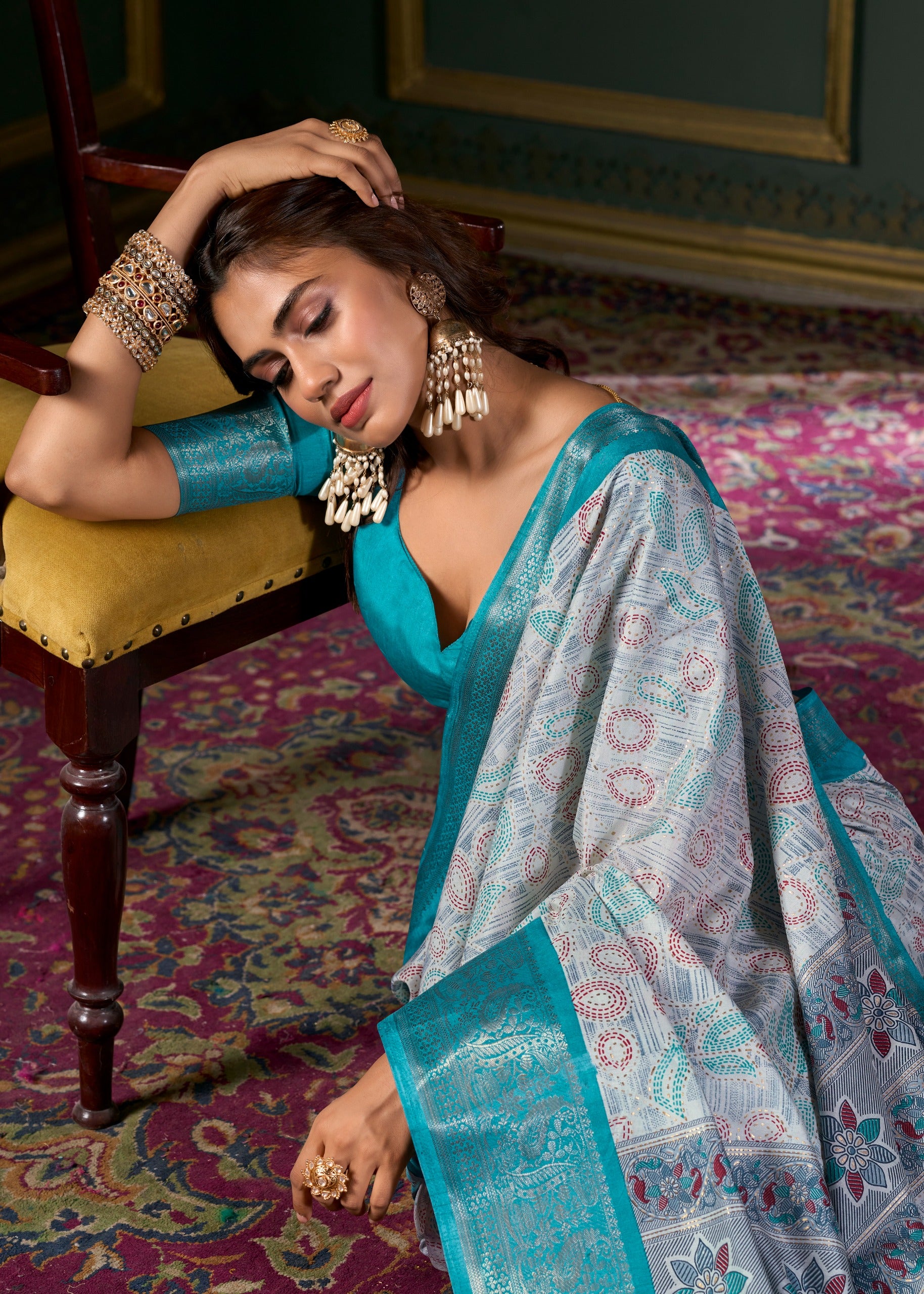 Amazing Teal Blue Printed Dola Silk Festival Wear Saree With Blouse