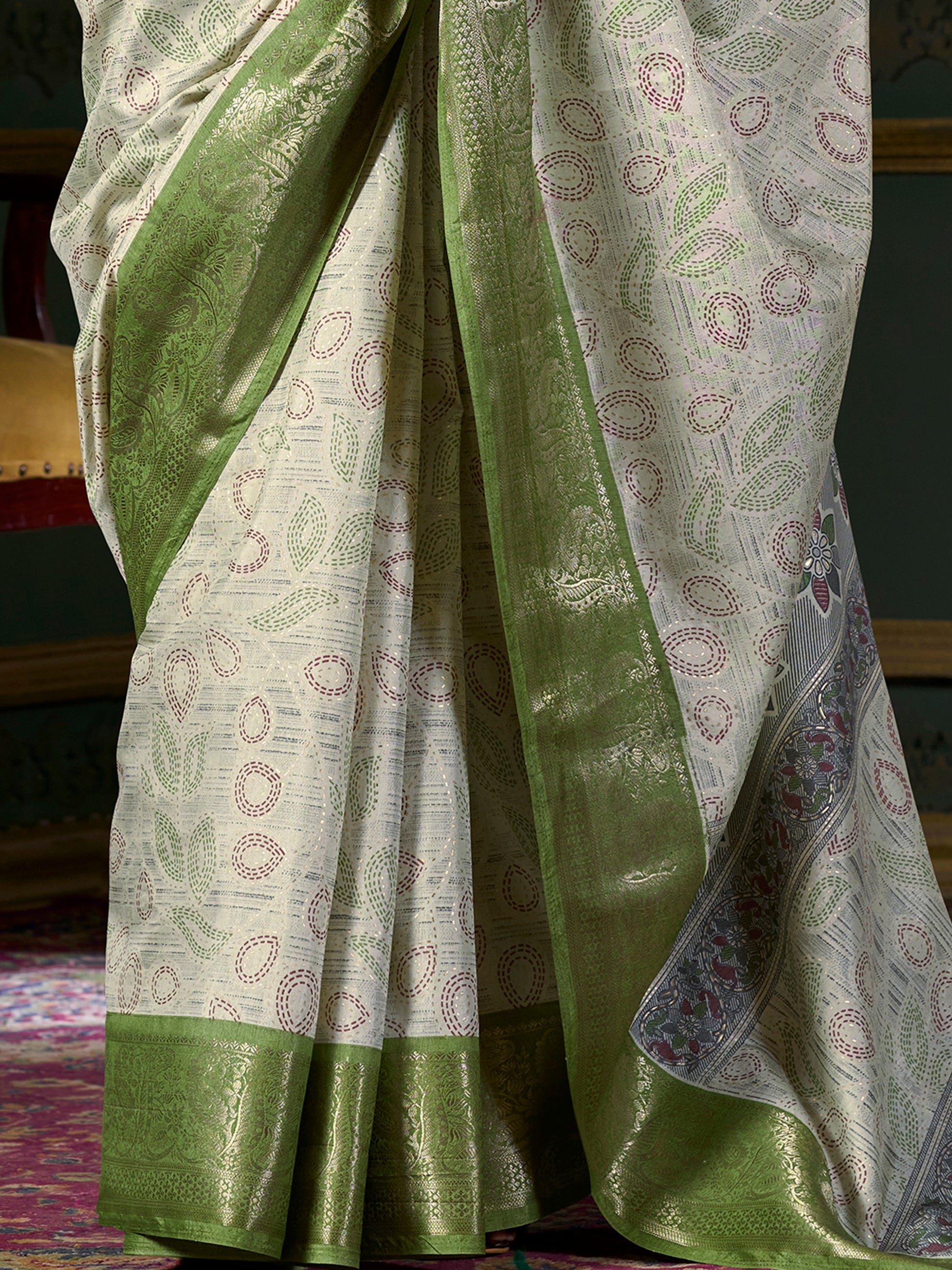 Adorable Olive Green Printed Dola Silk Mehendi Wear Saree With Blouse