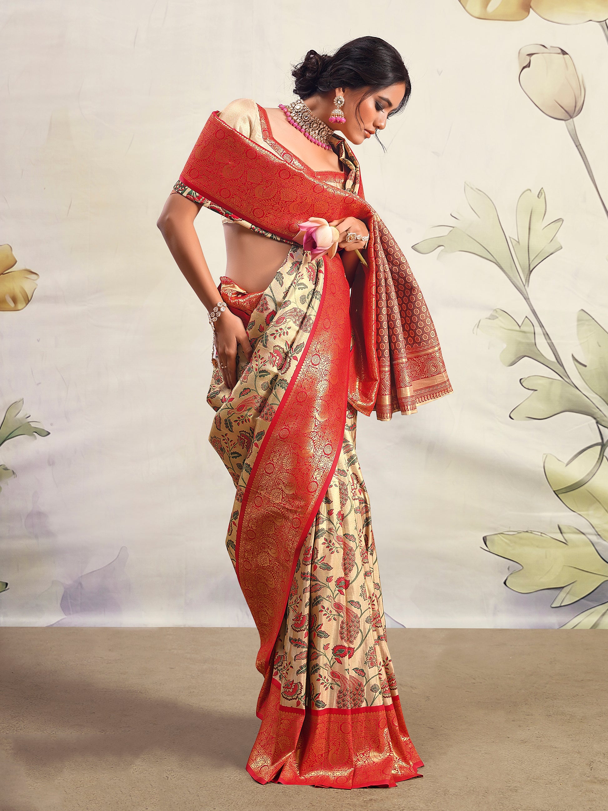 Incredible Cream Zari Weaving Silk Traditional Saree With Blouse