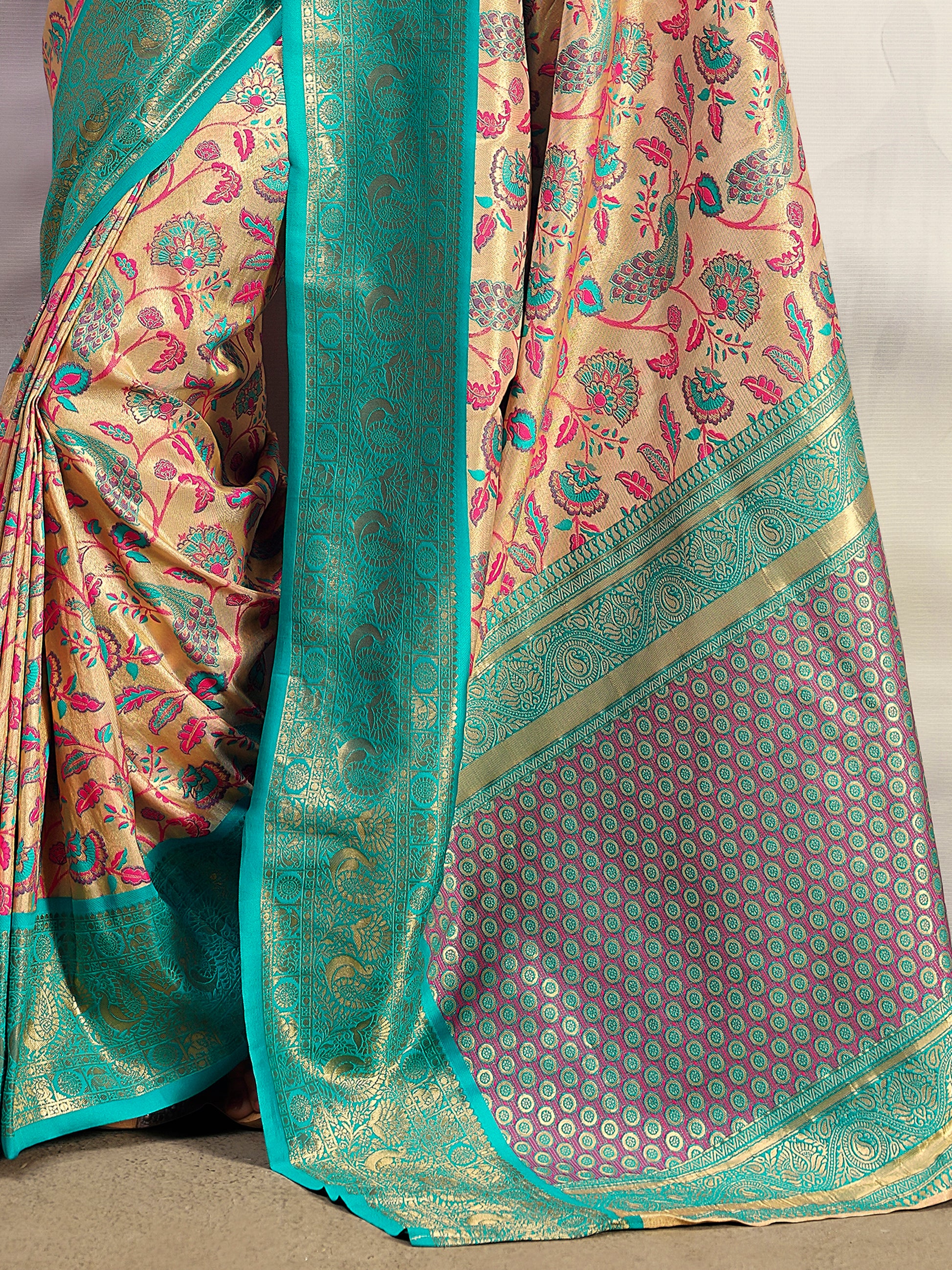 Astonishing Turquoise Blue Printed Silk Saree With Blouse