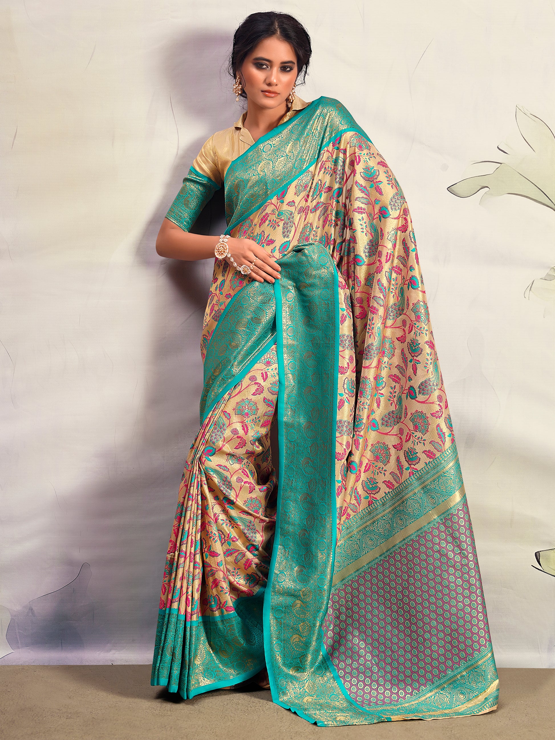 Astonishing Turquoise Blue Printed Silk Saree With Blouse