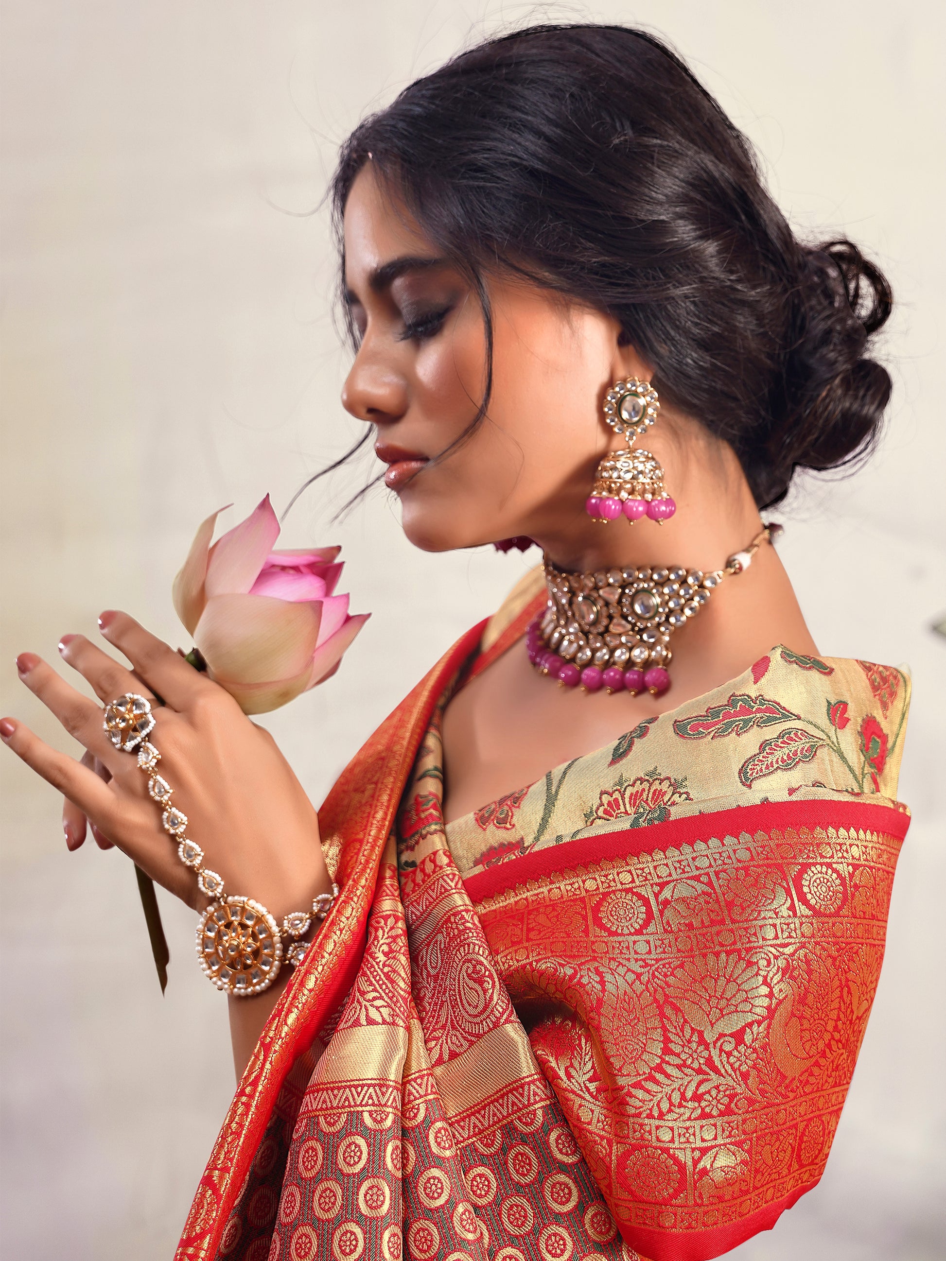 Incredible Cream Zari Weaving Silk Traditional Saree With Blouse