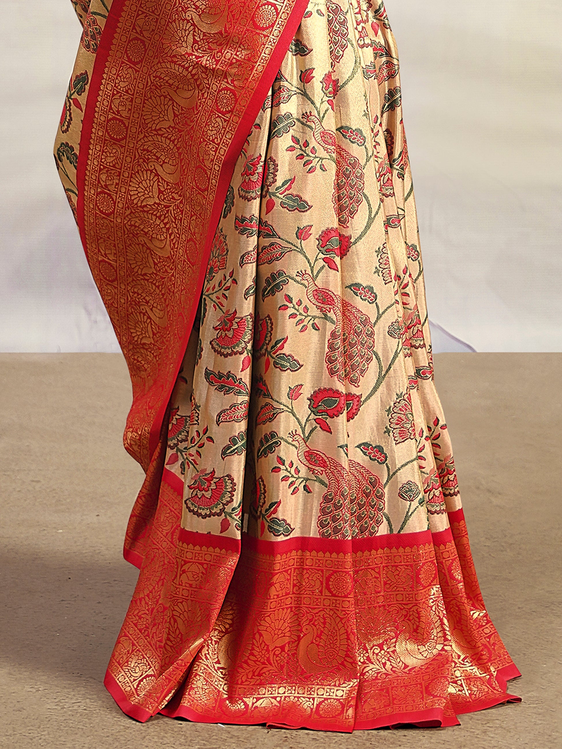 Incredible Cream Zari Weaving Silk Traditional Saree With Blouse