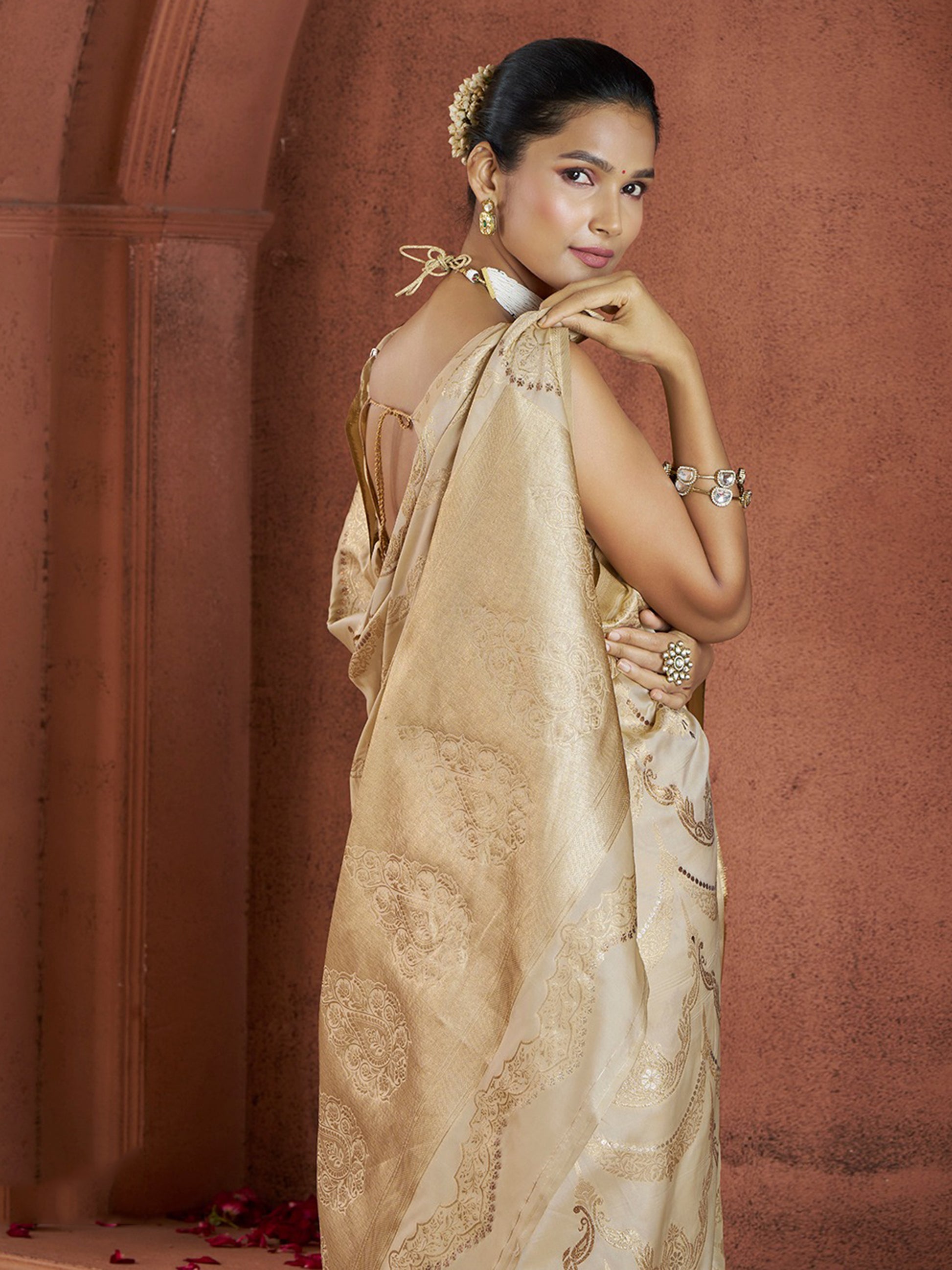 Alluring Cream Zari Weaving Banarasi Silk Event Wear Saree