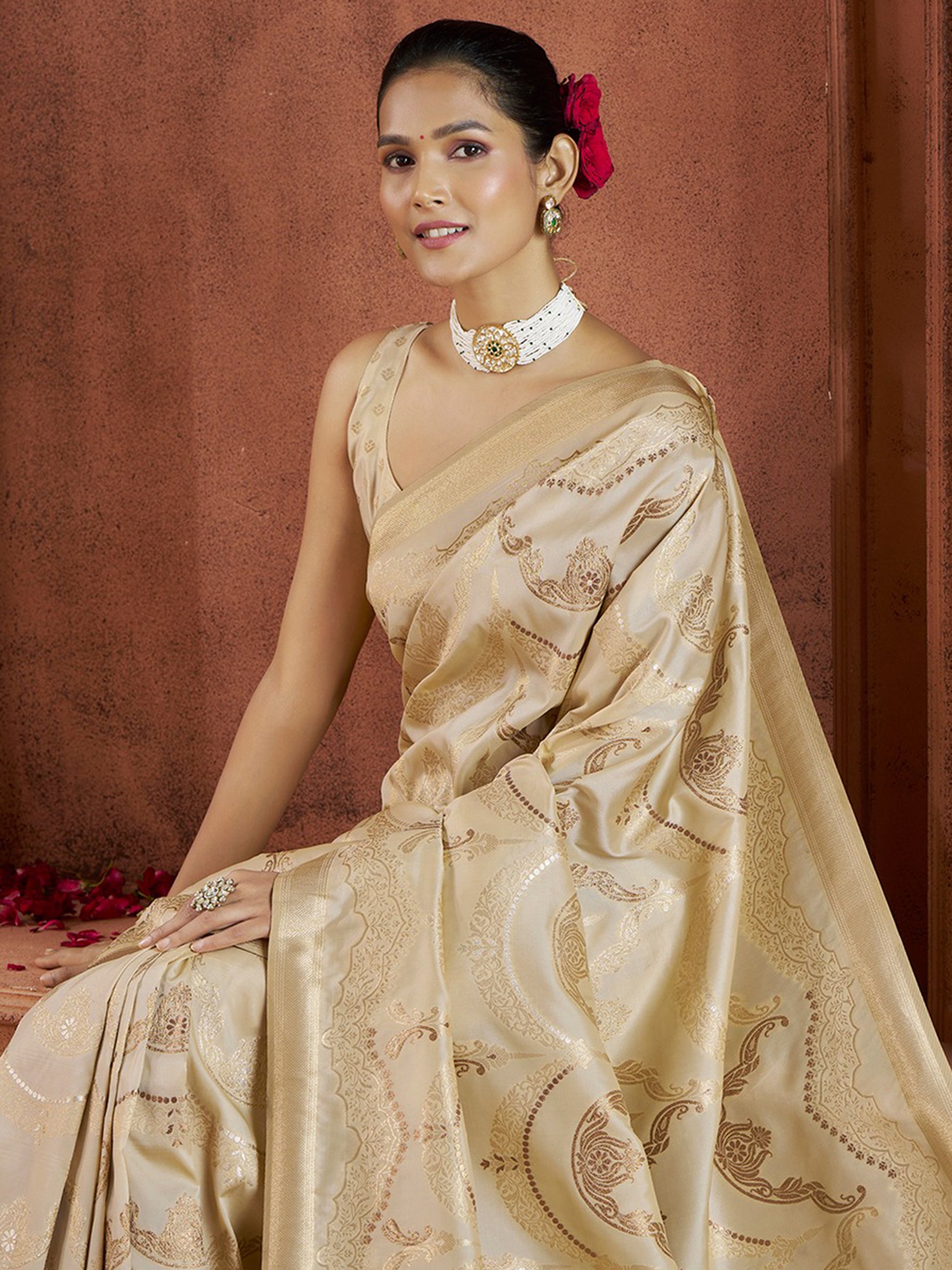 Alluring Cream Zari Weaving Banarasi Silk Event Wear Saree