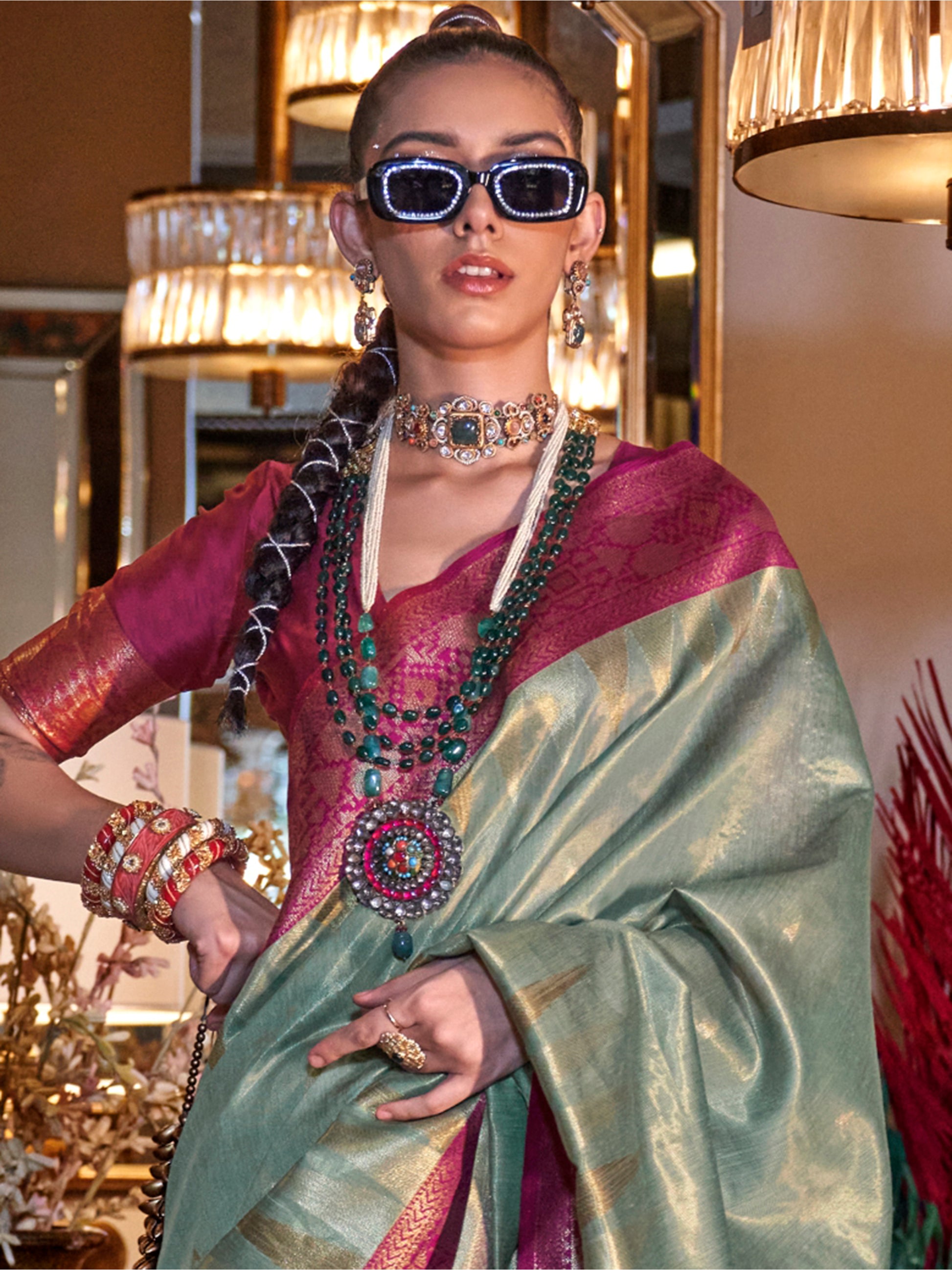 Charming Pista Green Zari Weaving Tissue Silk Saree With Blouse