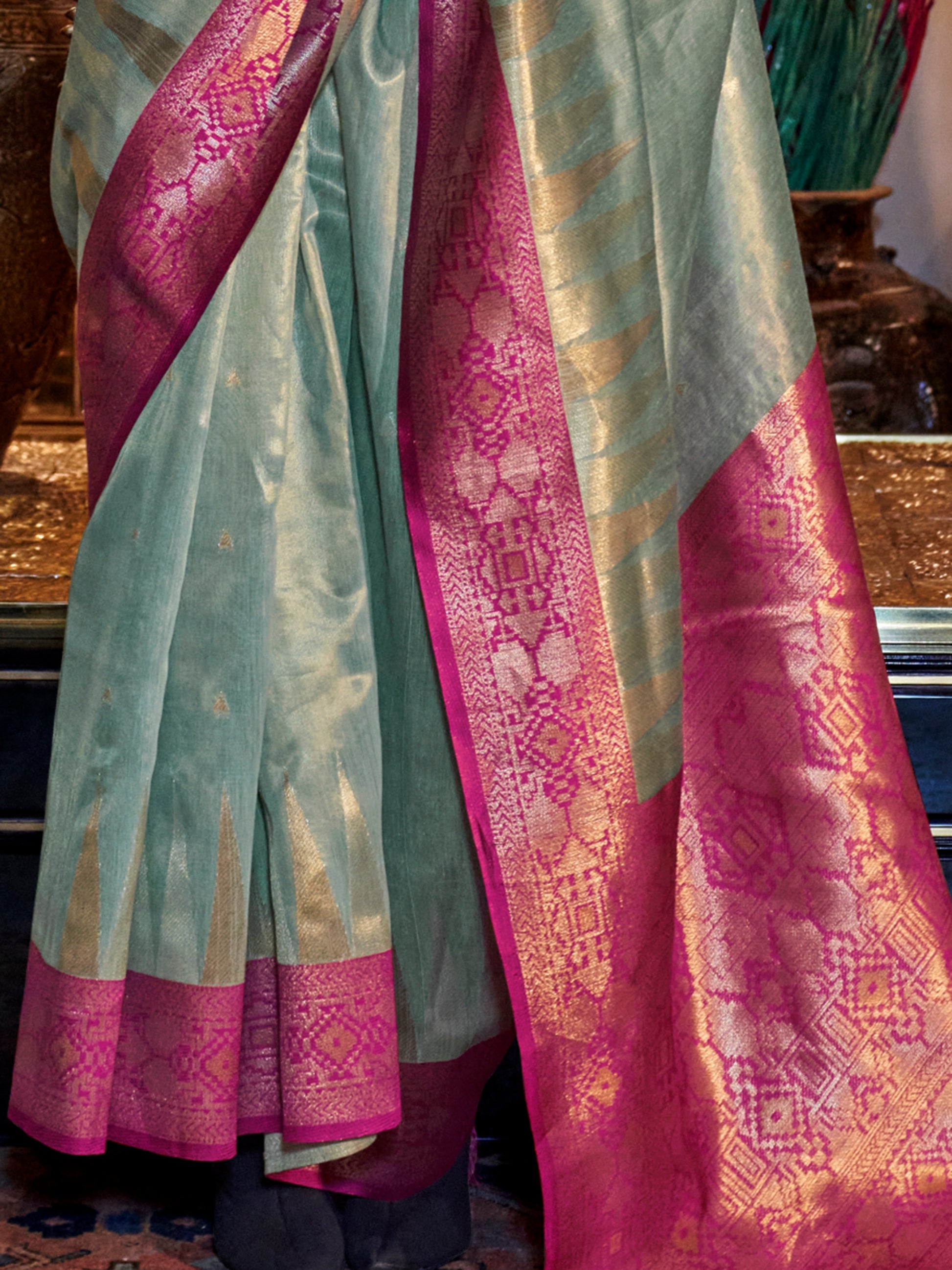 Charming Pista Green Zari Weaving Tissue Silk Saree With Blouse