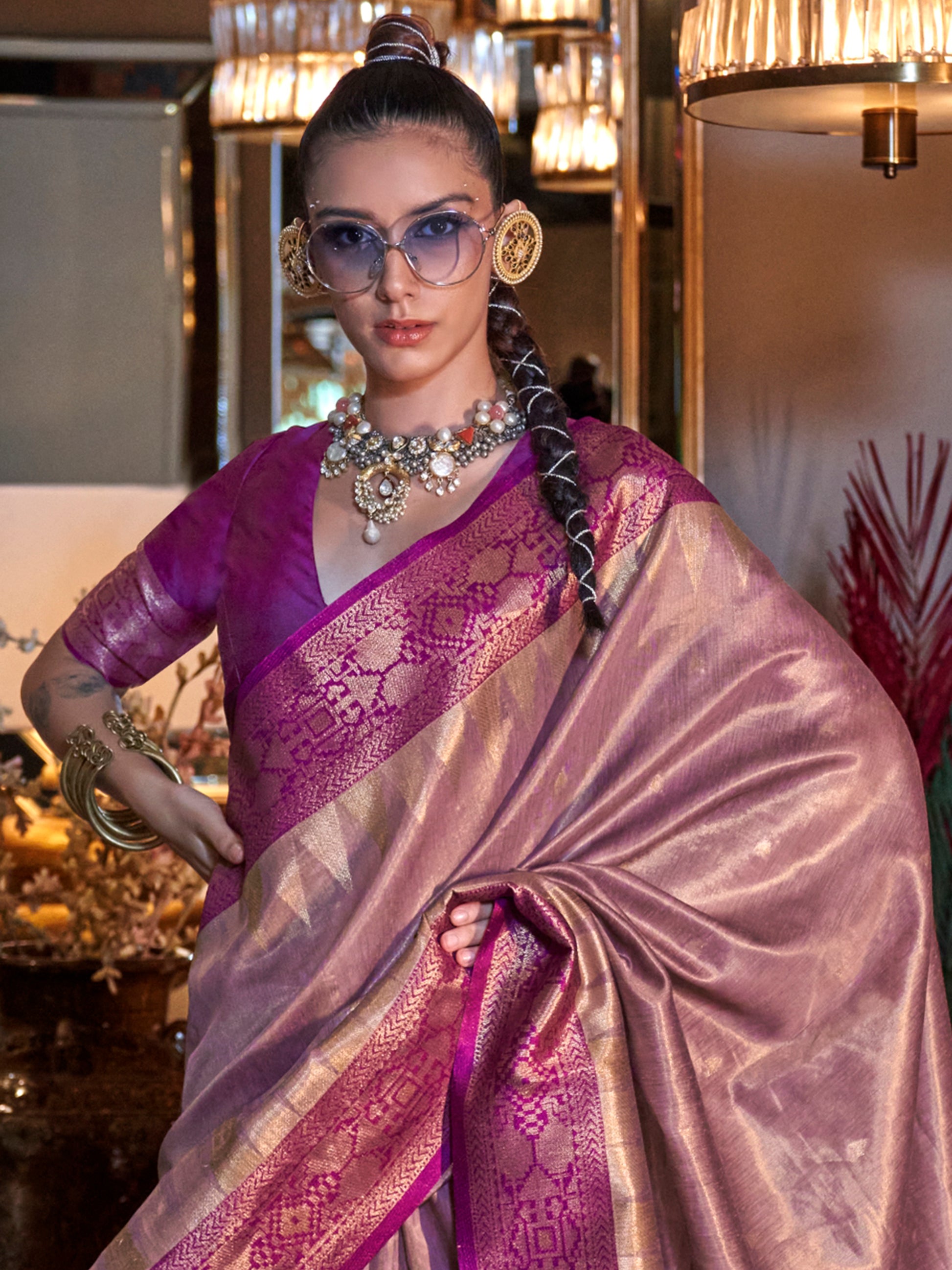 Stunning Pink Zari Weaving Tissue Silk Festival Wear Saree With Blouse
