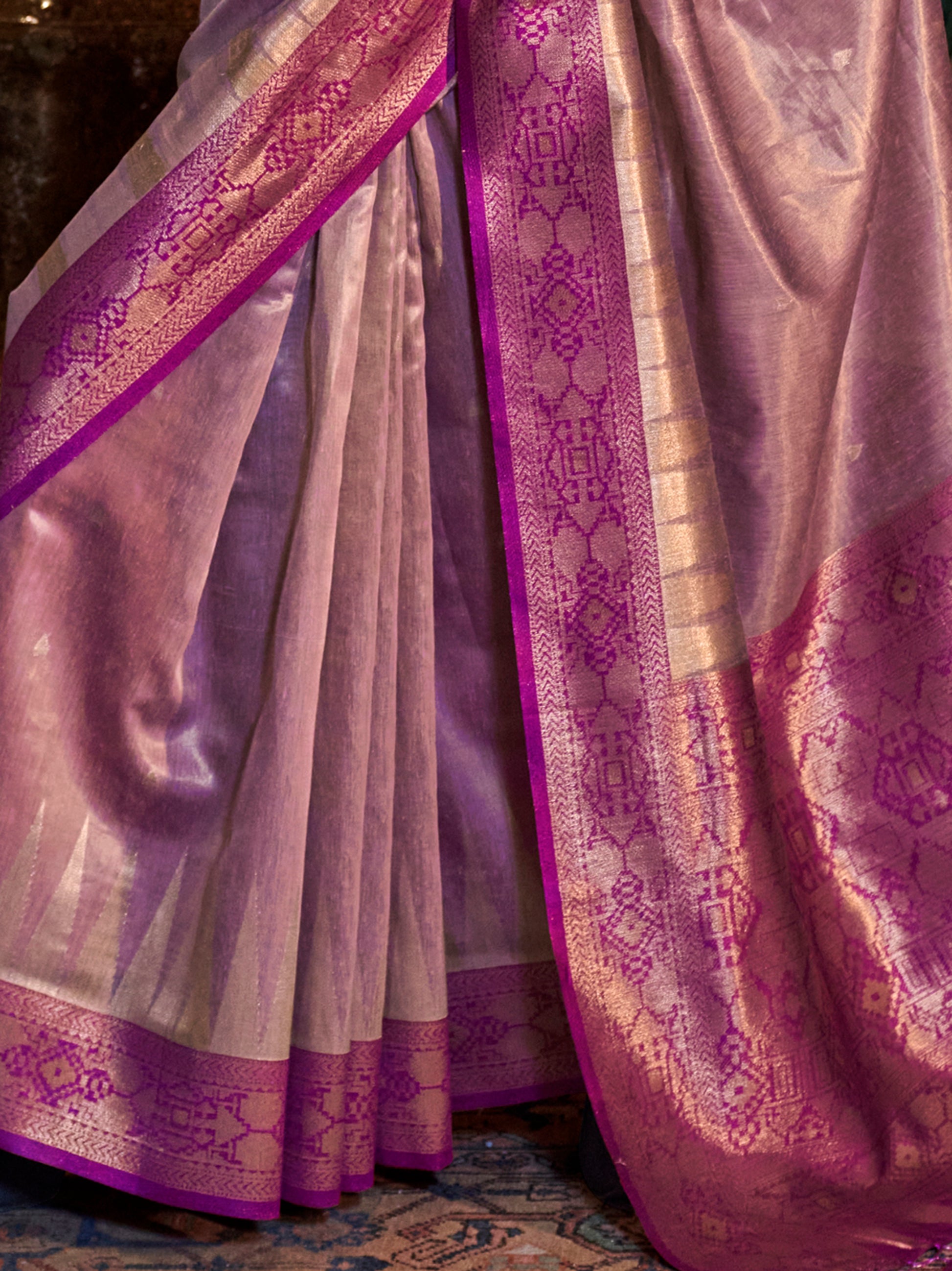Stunning Pink Zari Weaving Tissue Silk Festival Wear Saree With Blouse