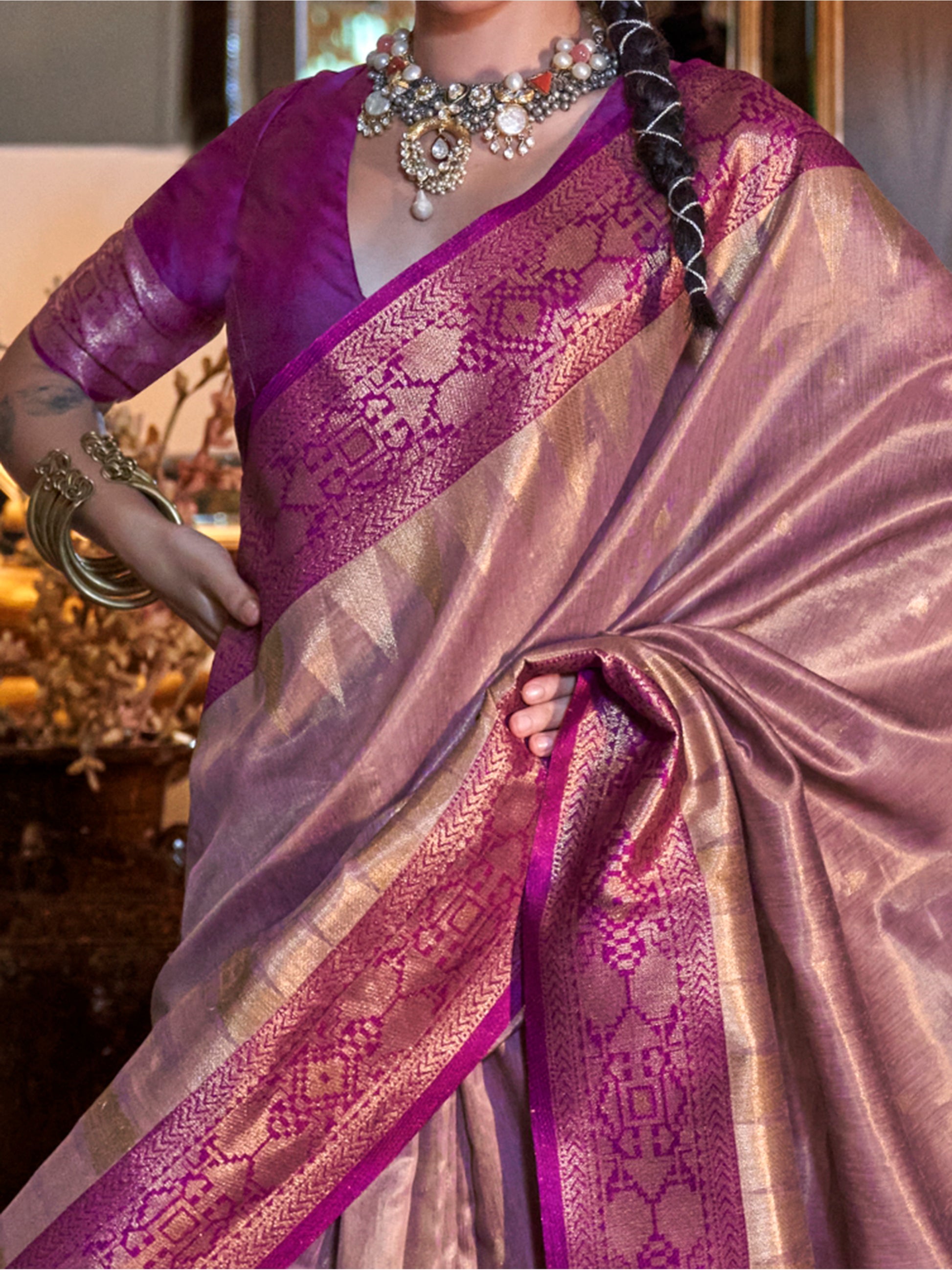 Stunning Pink Zari Weaving Tissue Silk Festival Wear Saree With Blouse
