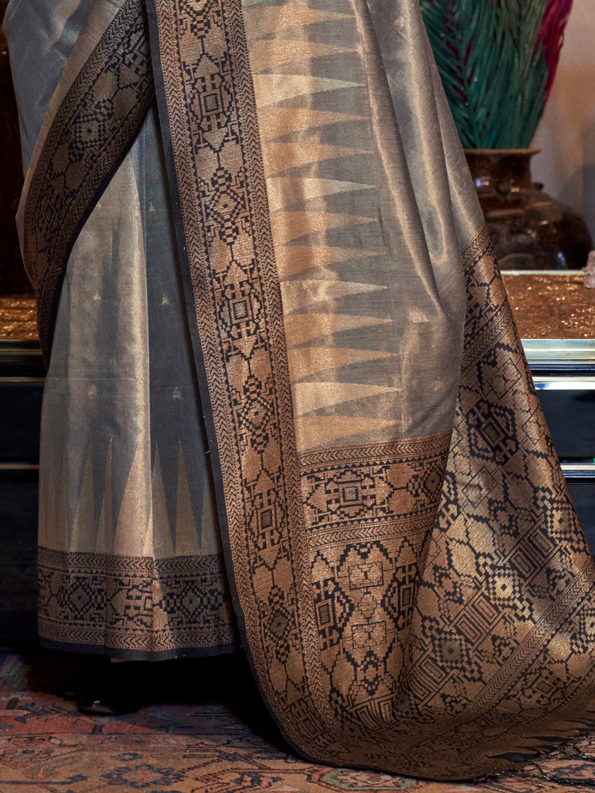 Beautiful Grey Zari Weaving Tissue Silk Traditional Saree With Blouse