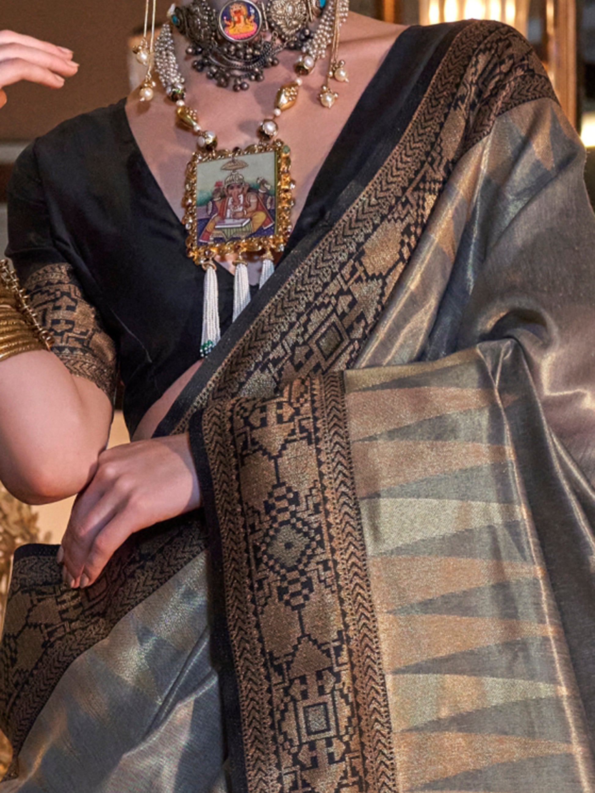 Beautiful Grey Zari Weaving Tissue Silk Traditional Saree With Blouse