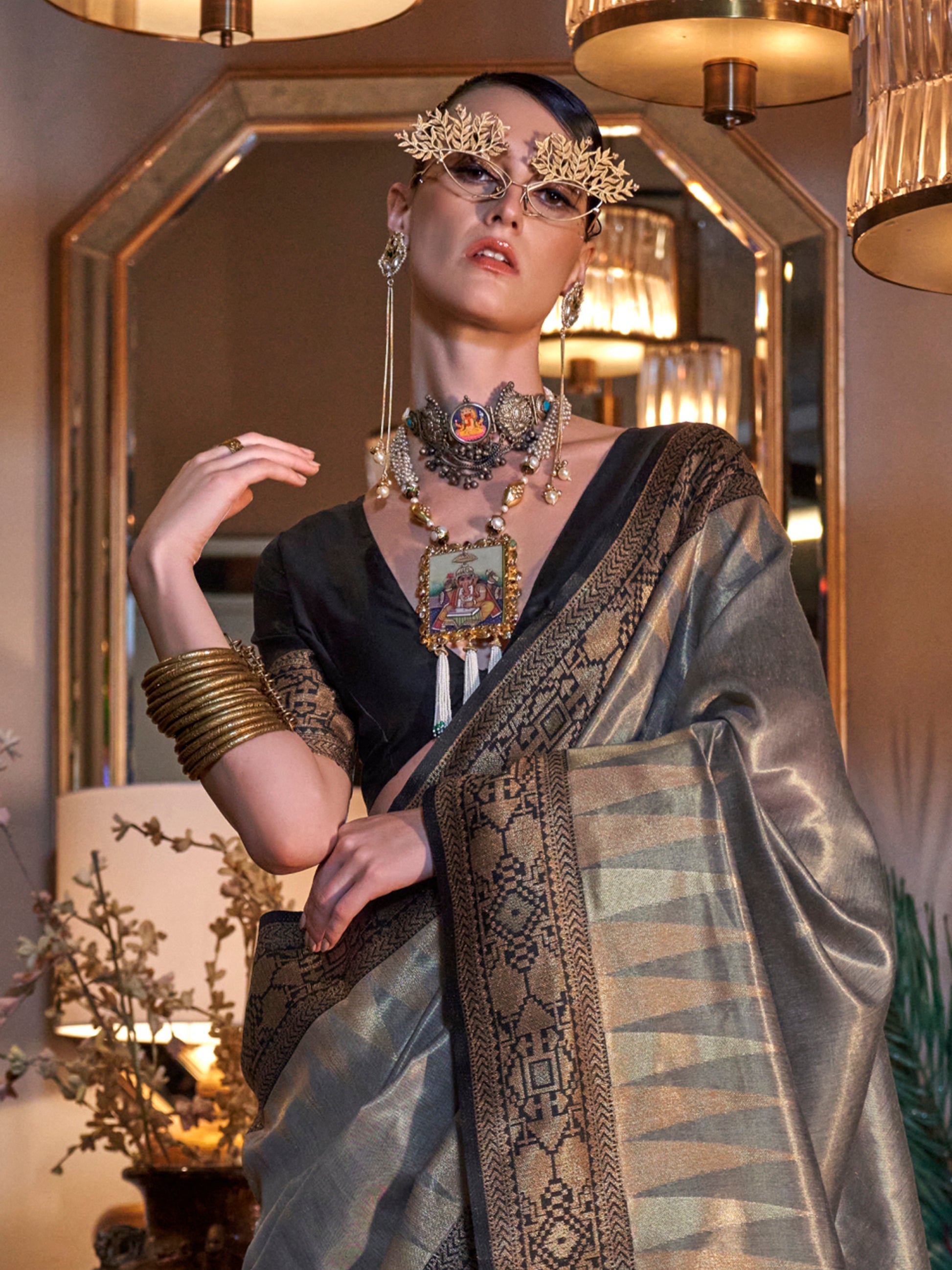 Beautiful Grey Zari Weaving Tissue Silk Traditional Saree With Blouse