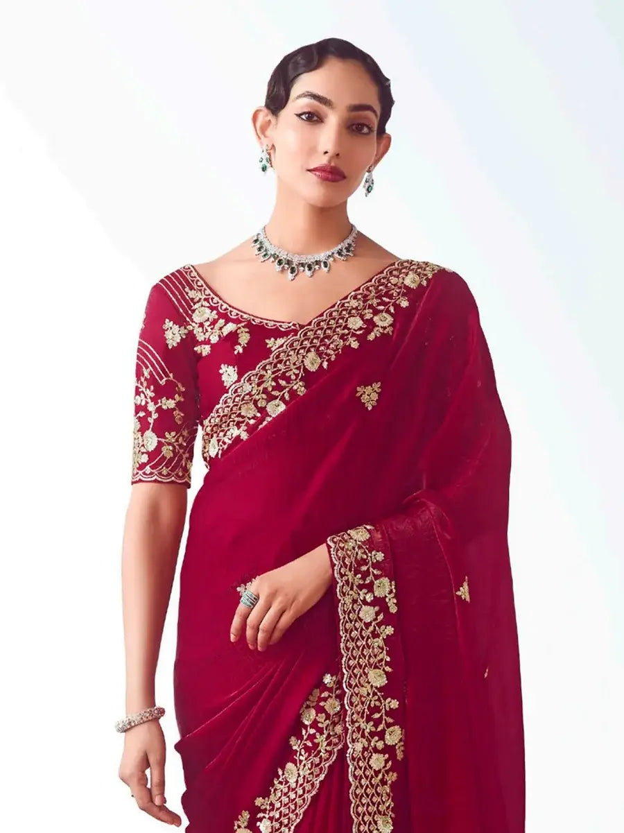 Ravishing Maroon Heavy Embroidered Organza Bridal Saree With Blouse - Zeel Clothing