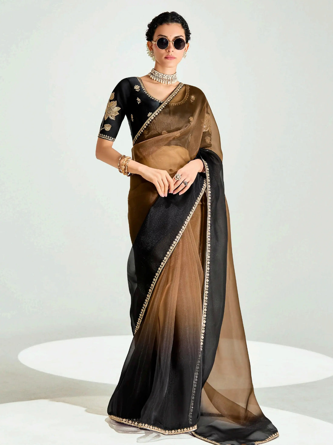 Refreshing Brown Border Work Organza Evening Wear Saree With Blouse - Zeel Clothing