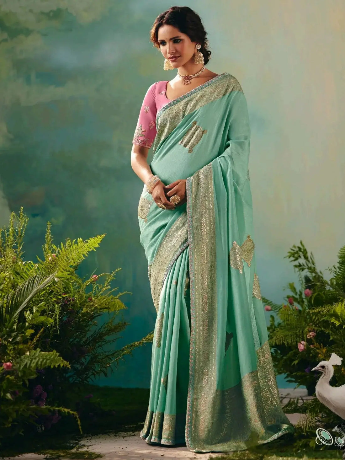 Classy Sea Green Sequins Embroidery Tissue Mehendi Wear Saree With Blouse