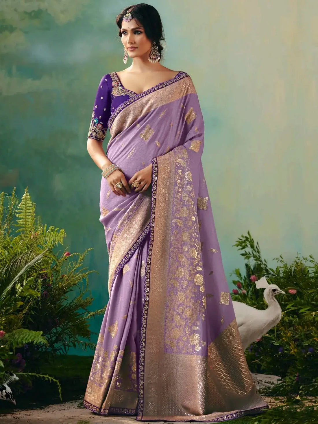 Alluring Lavender Sequins Work Tissue Wedding Wear Saree With Blouse
