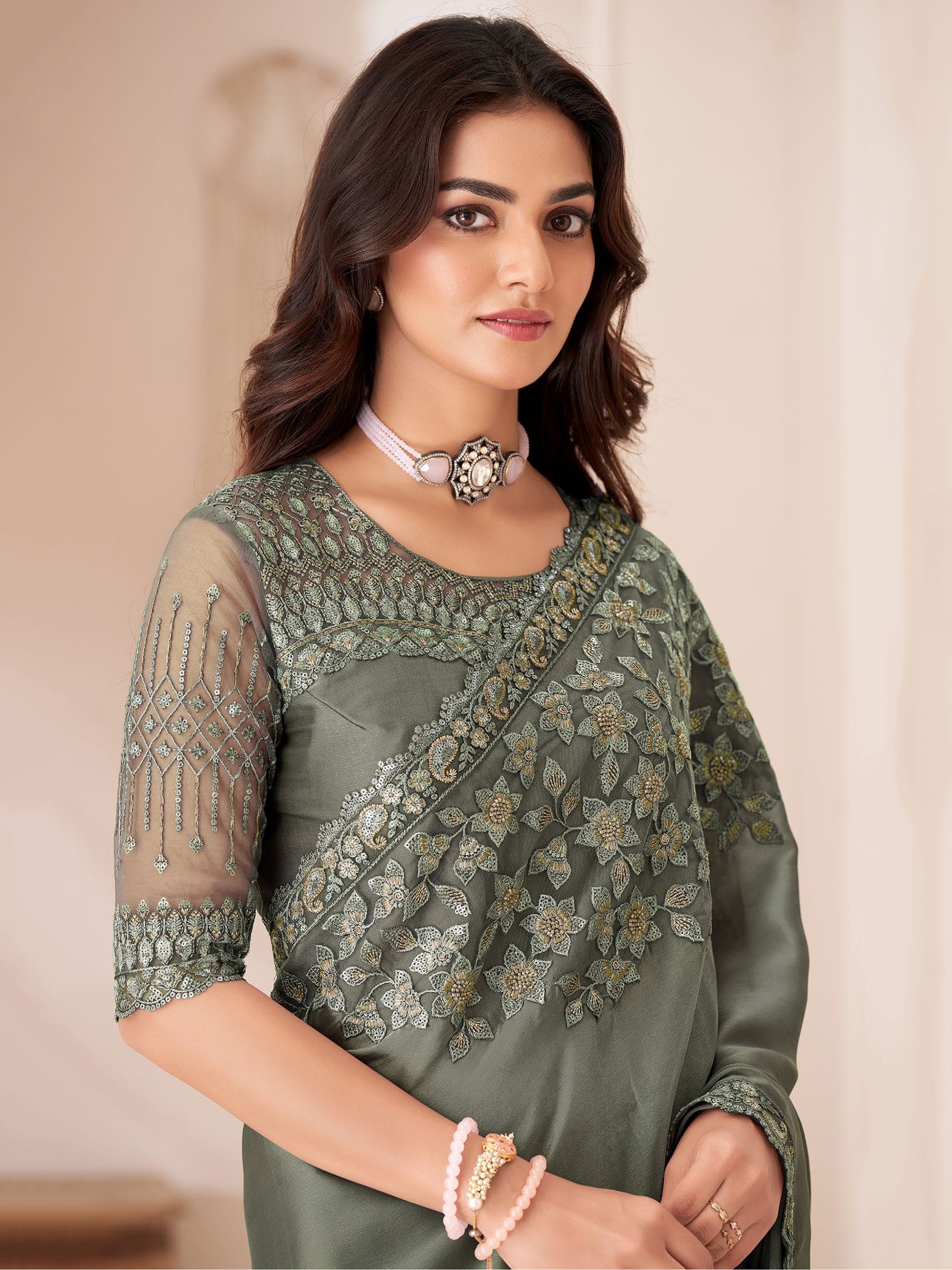 Awesome Dusty Grey Heavy Border Work Georgette Party Wear Saree