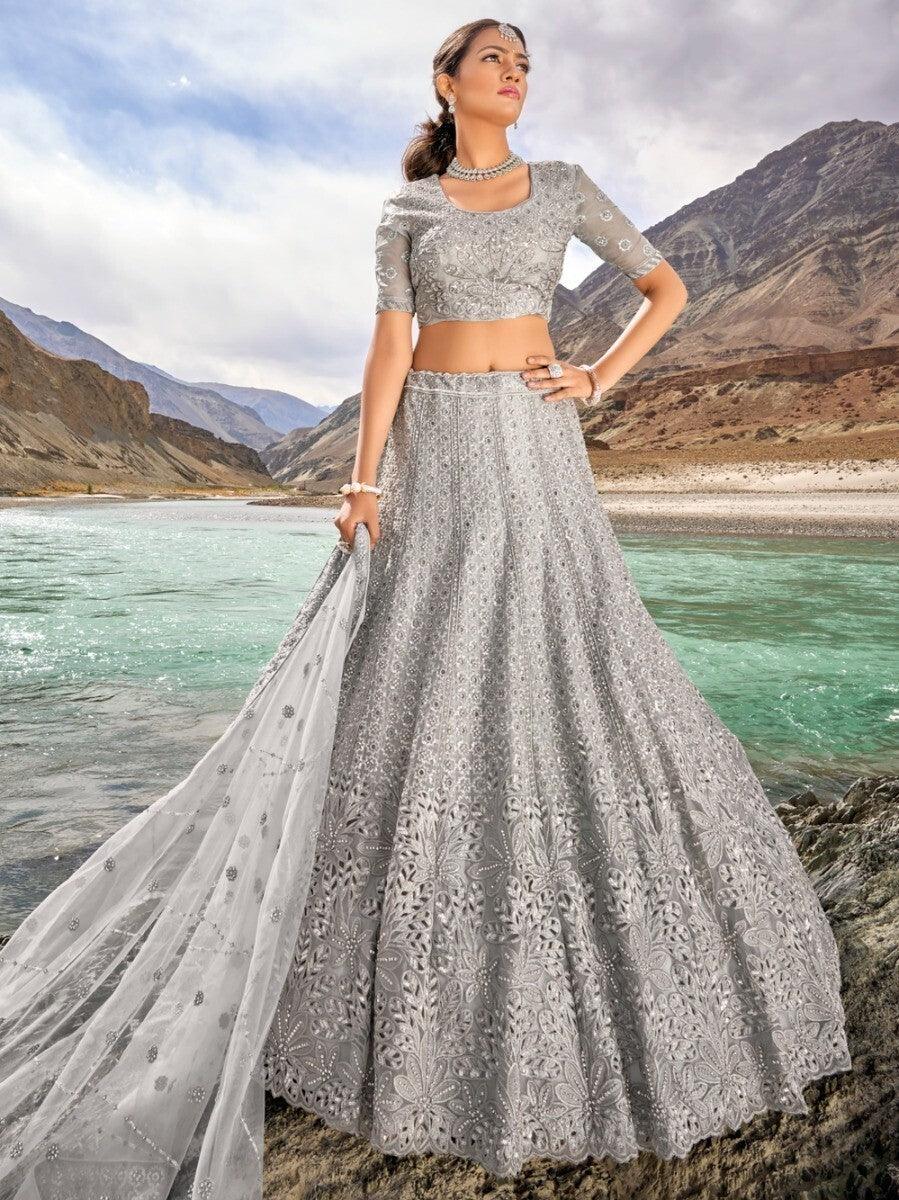 Buy Grey Thread Work Organza Lehenga Choli Online At Zeel Clothing