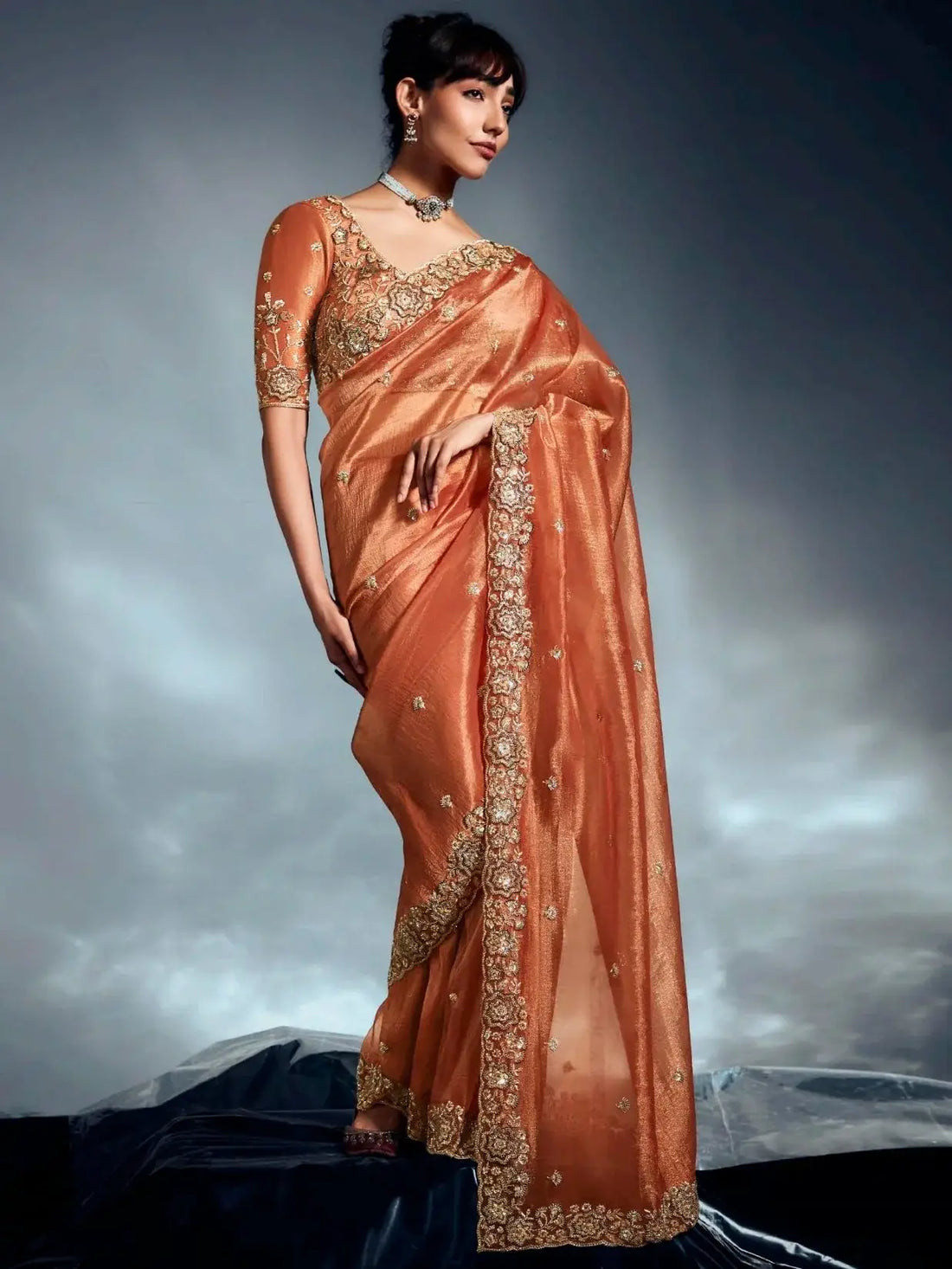 Significant Orange Khatli Work Organza Party Wear Saree With Blouse - Zeel Clothing