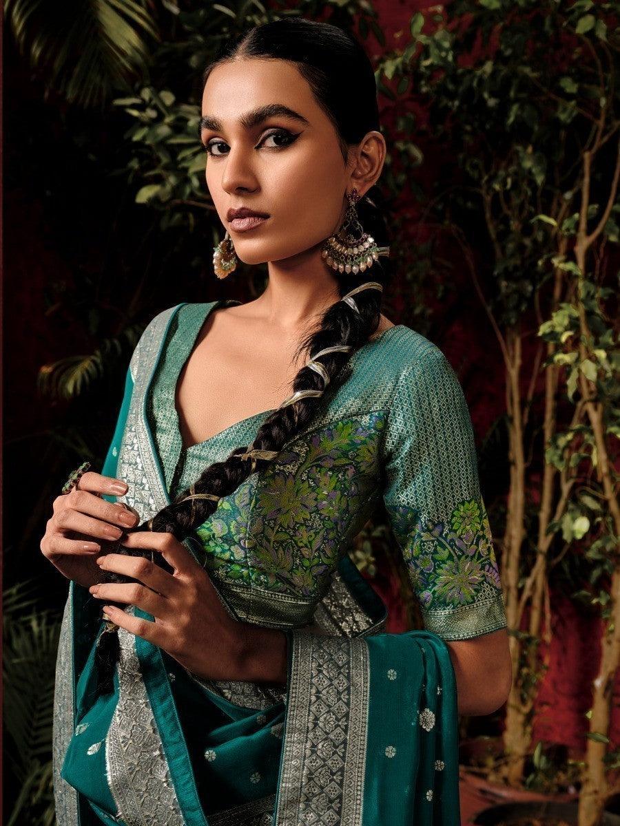 Charming Green Zari Weaving Silk Mehendi Wear Saree With Blouse