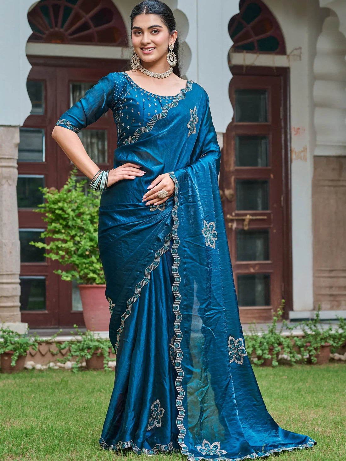 Smashing Teal Blue Diamond Work Silk Function Wear Saree With Blouse - Zeel Clothing