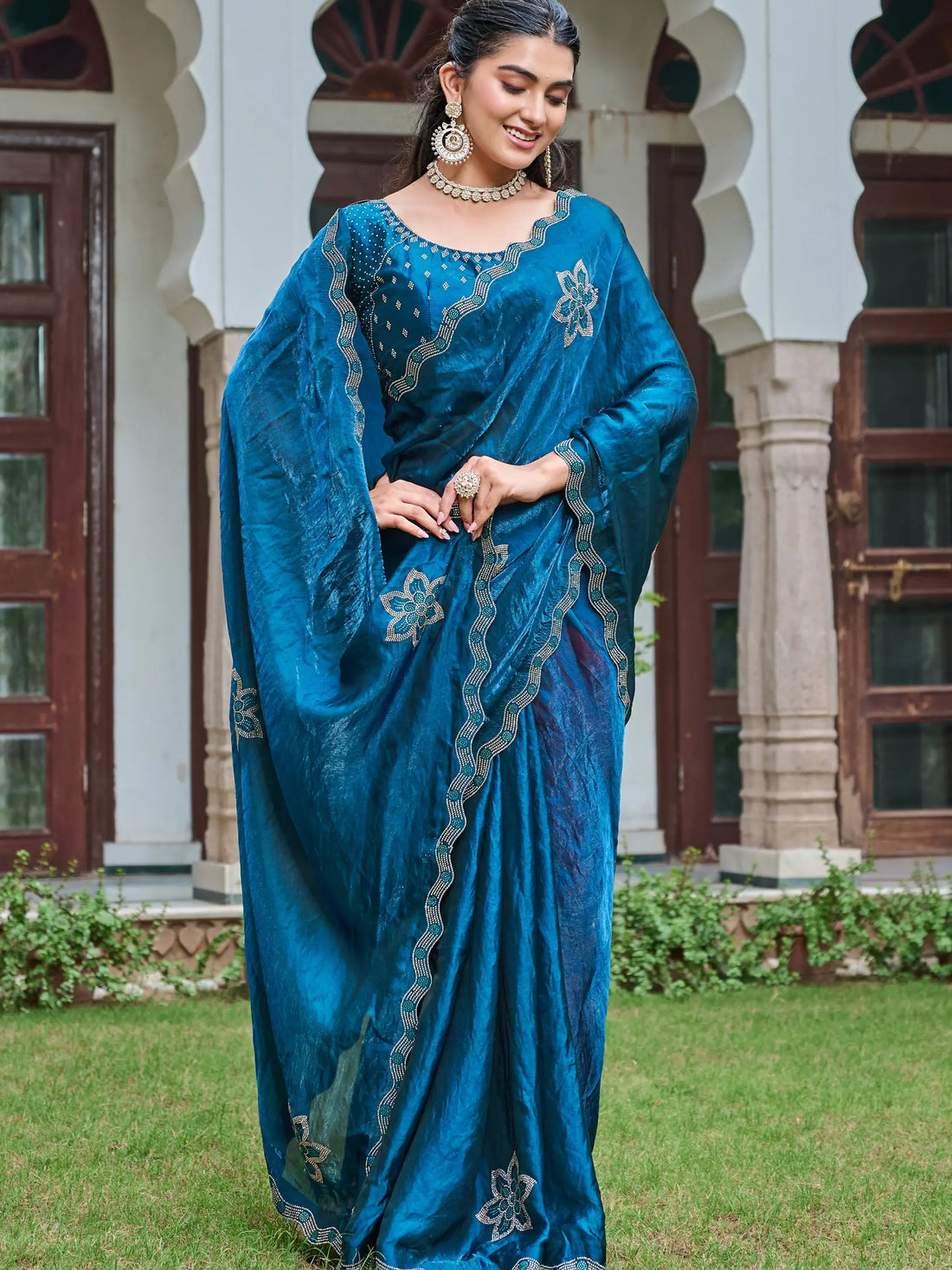 Smashing Teal Blue Diamond Work Silk Function Wear Saree With Blouse - Zeel Clothing