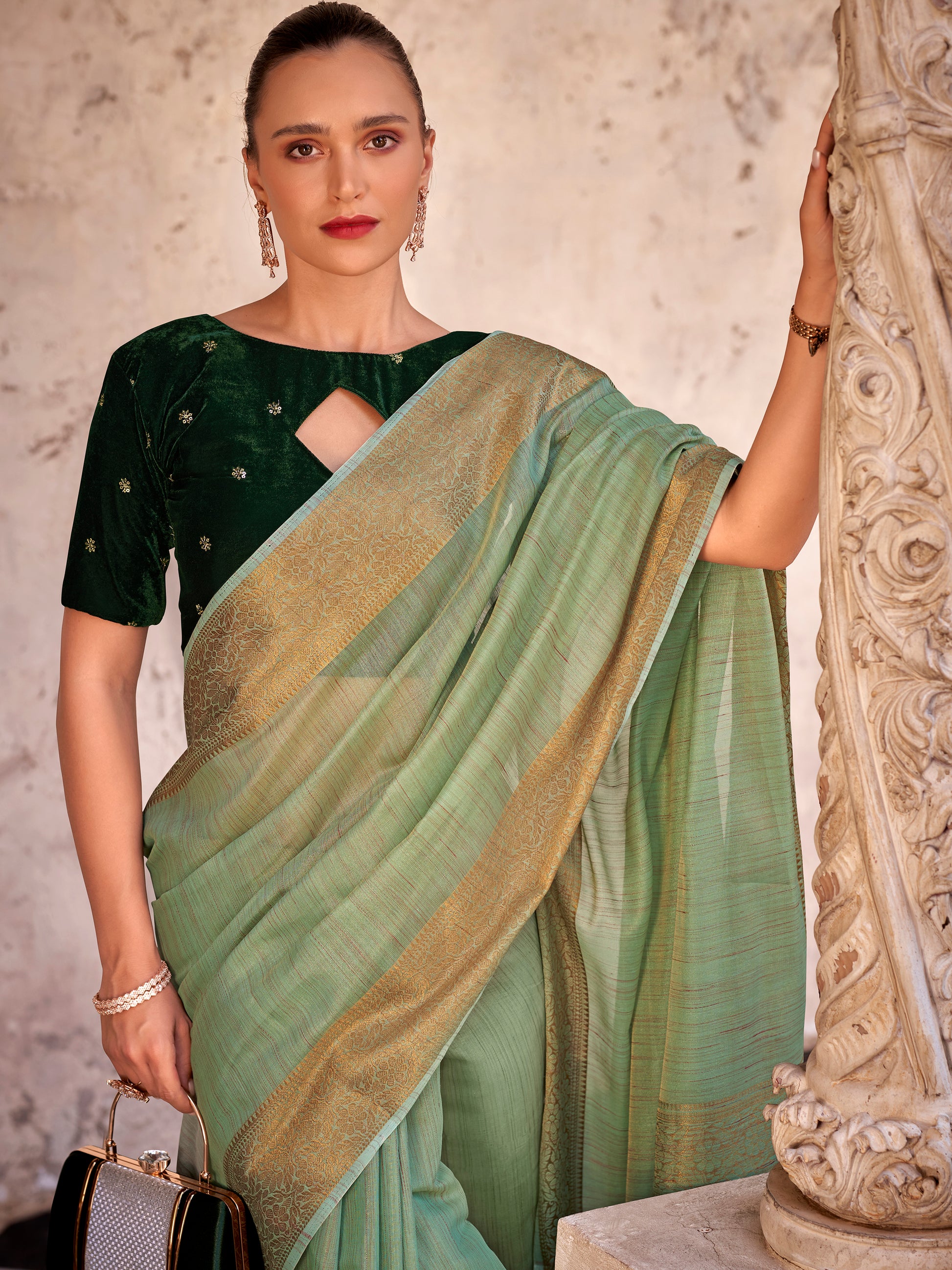 Tantalizing Pista Green Zari Weaving Tissue Silk Saree With Blouse