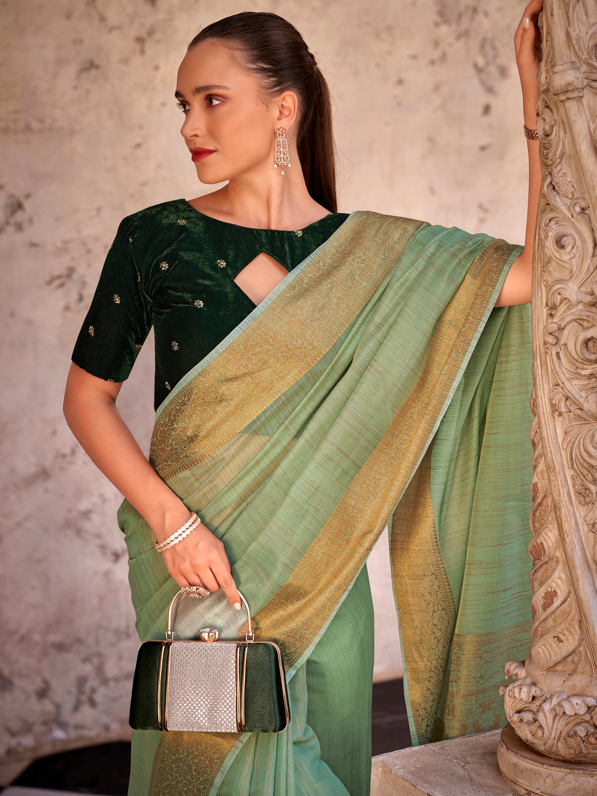 Tantalizing Pista Green Zari Weaving Tissue Silk Saree With Blouse
