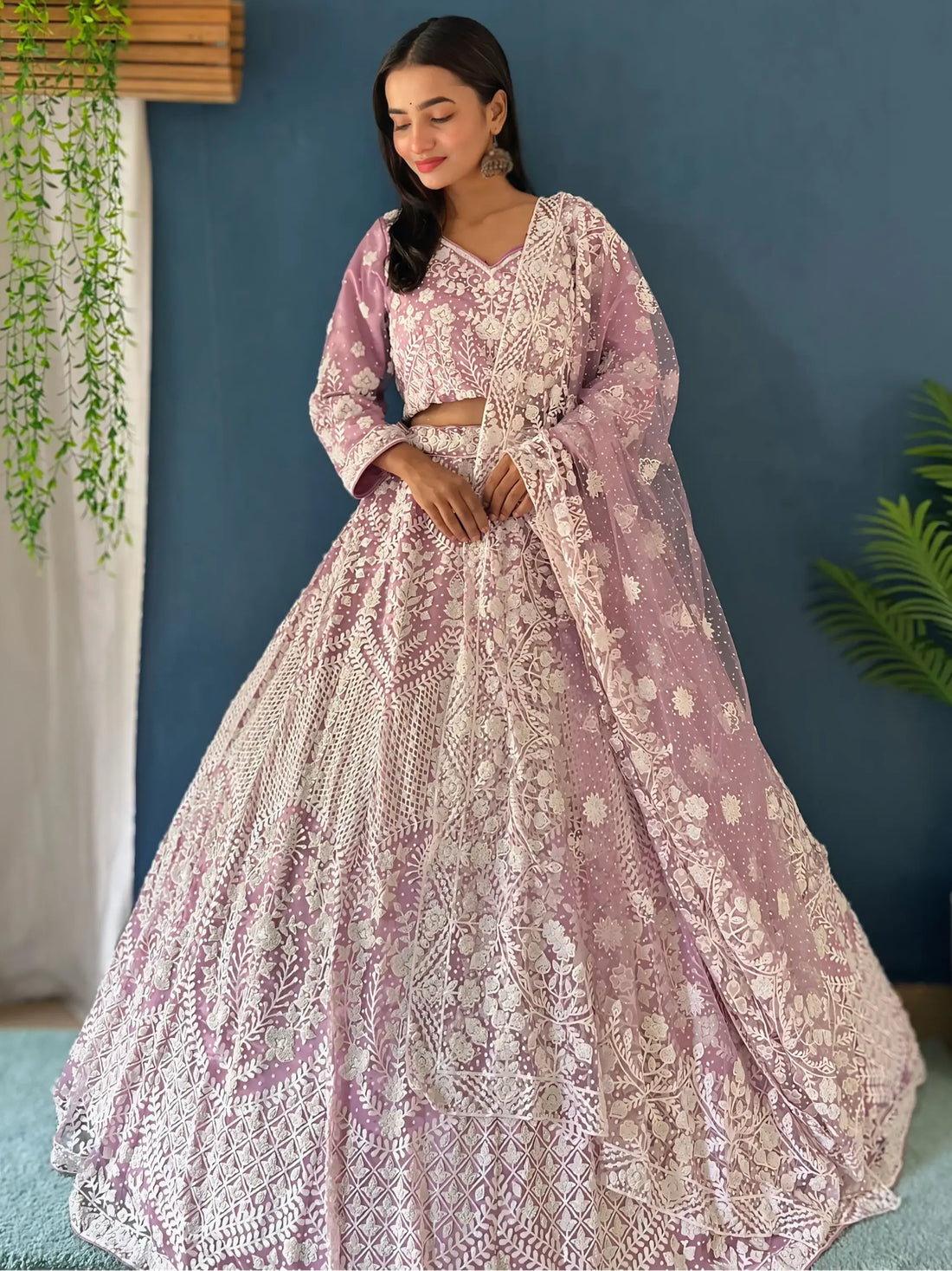 Spectacular Lilac Pearl Work Net Bridesmaid Lehenga Choli With Dupatta - Zeel Clothing