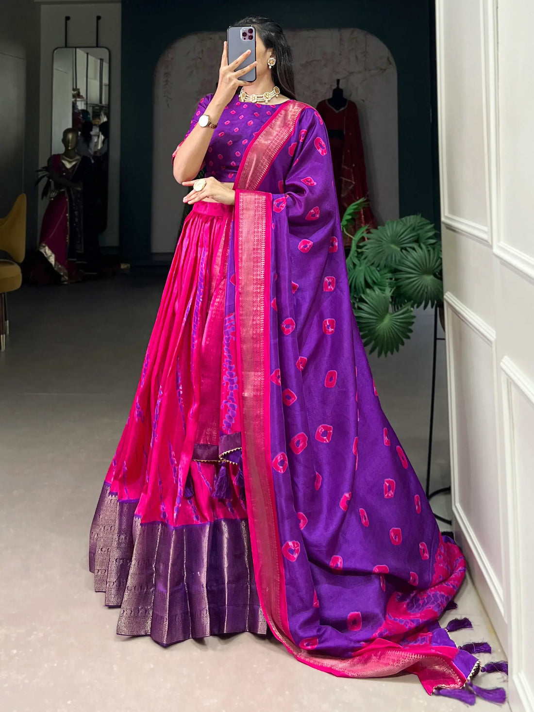 Spectacular Pink Shibori Printed Dola Silk Lehenga Choli With Dupatta - Zeel Clothing