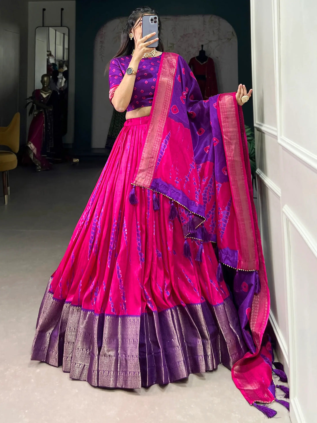 Spectacular Pink Shibori Printed Dola Silk Lehenga Choli With Dupatta - Zeel Clothing