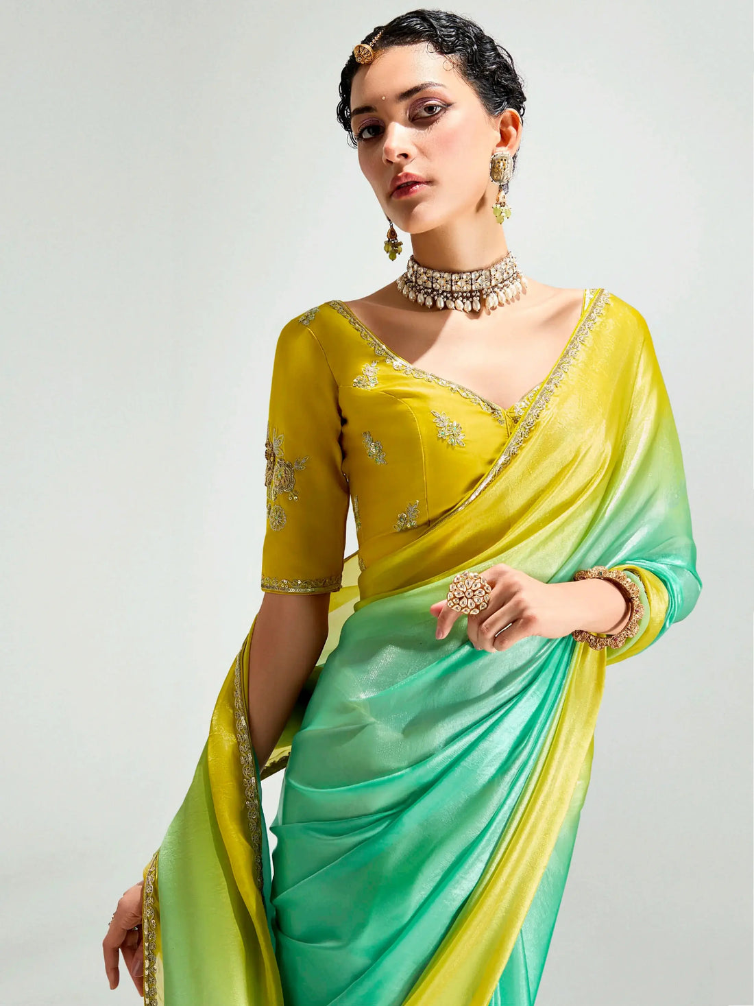 Splendid Green Sequins Border Work Organza Mehendi Wear Saree - Zeel Clothing