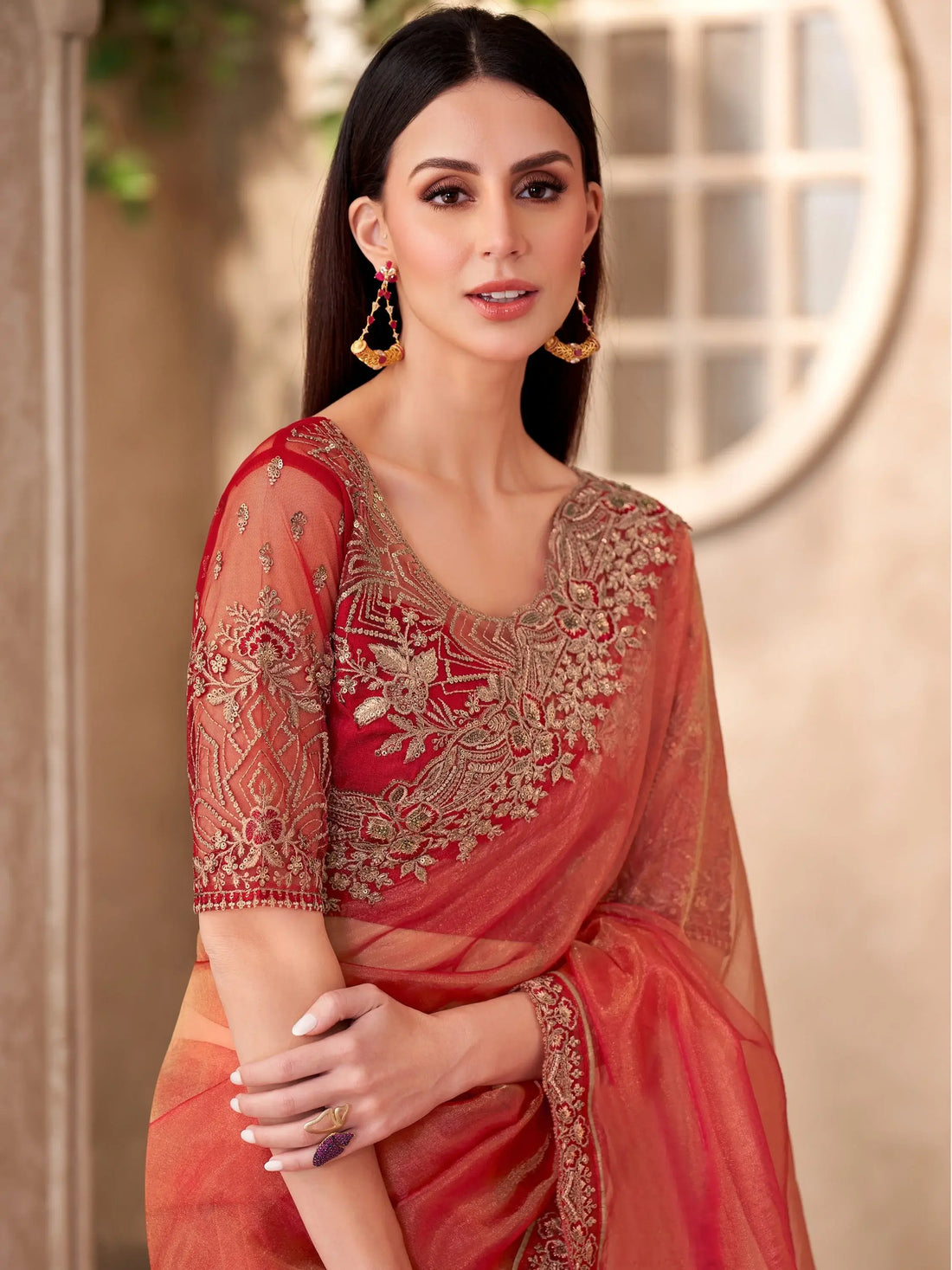 Splendid Orange Border Work Tissue Wedding Wear Saree With Blouse - Zeel Clothing