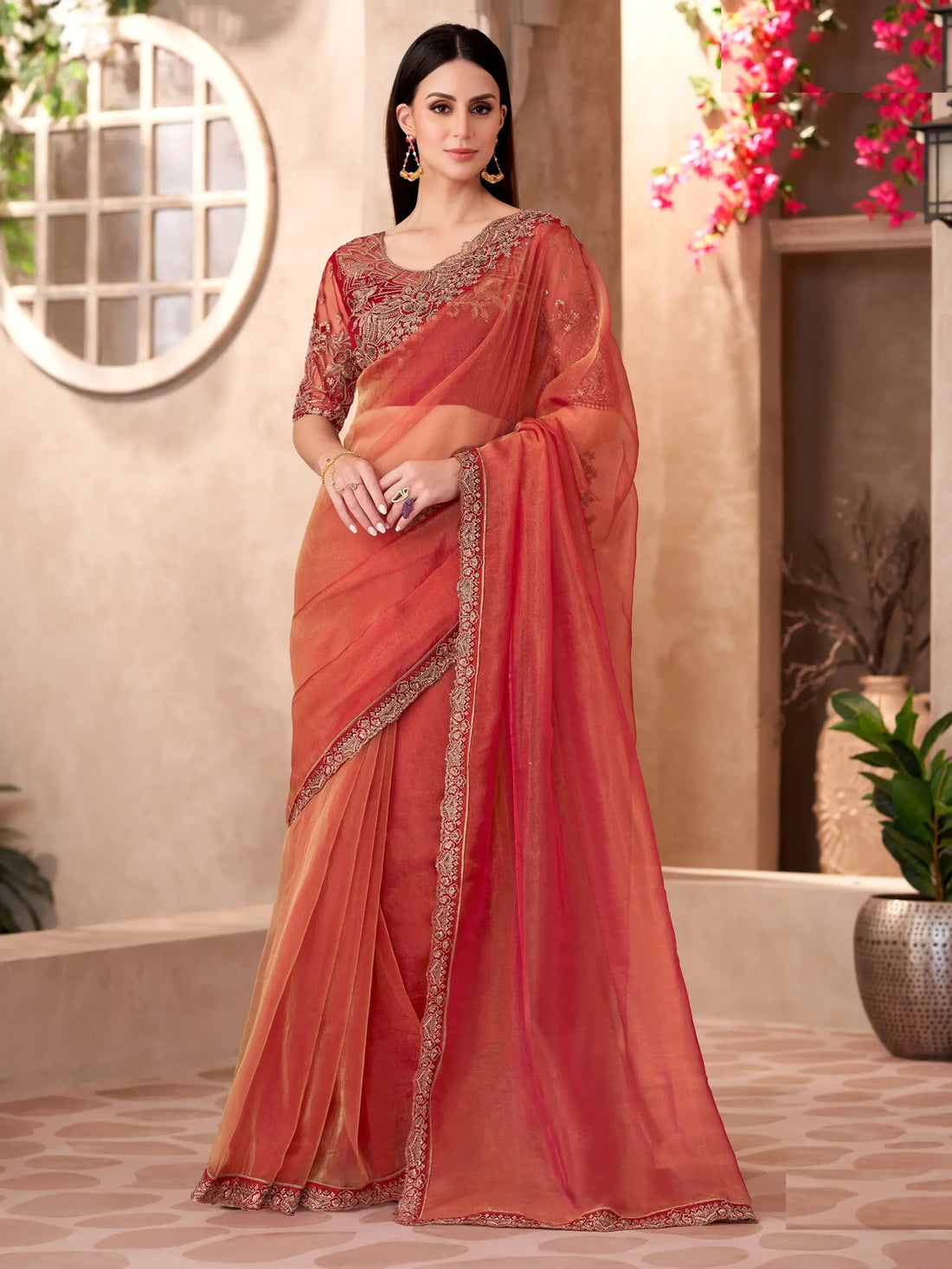 Splendid Orange Border Work Tissue Wedding Wear Saree With Blouse - Zeel Clothing