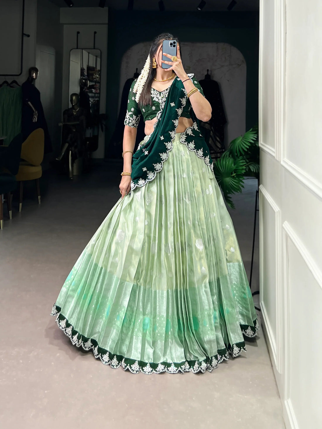 Splendid Pista Green Zari Weaving Silk Half Saree Lehenga Choli - Zeel Clothing