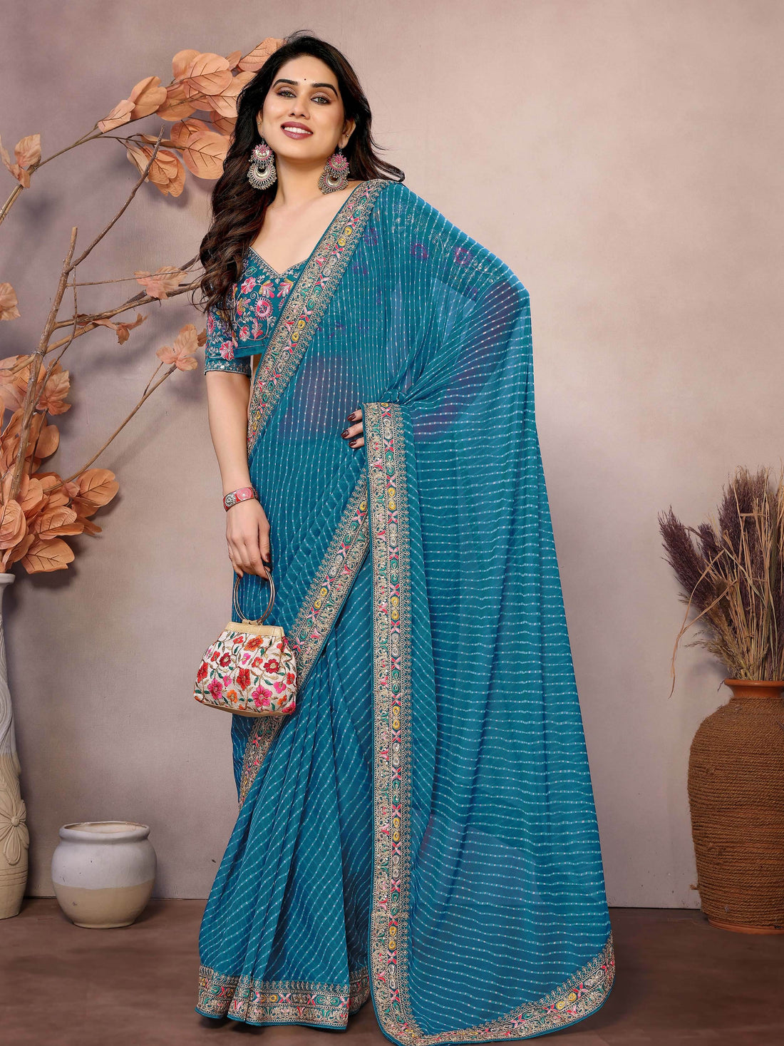 Splendid Teal Blue Embroidery Border Georgette Traditional Saree With Blouse - Zeel Clothing
