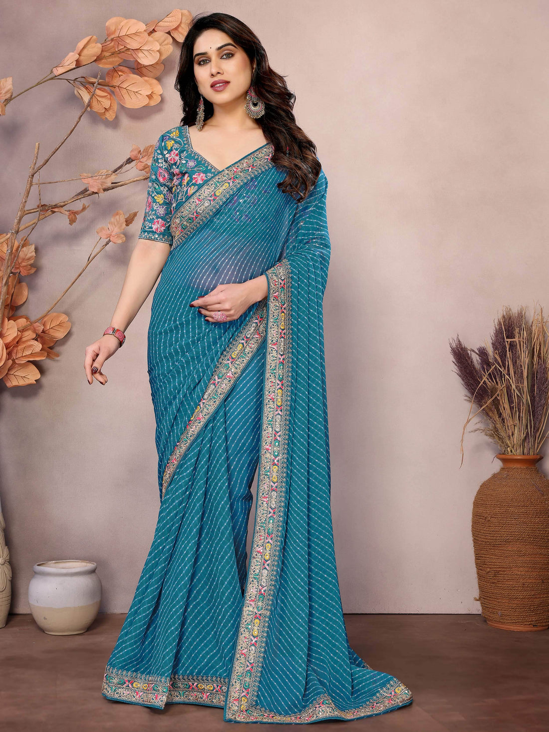 Splendid Teal Blue Embroidery Border Georgette Traditional Saree With Blouse - Zeel Clothing