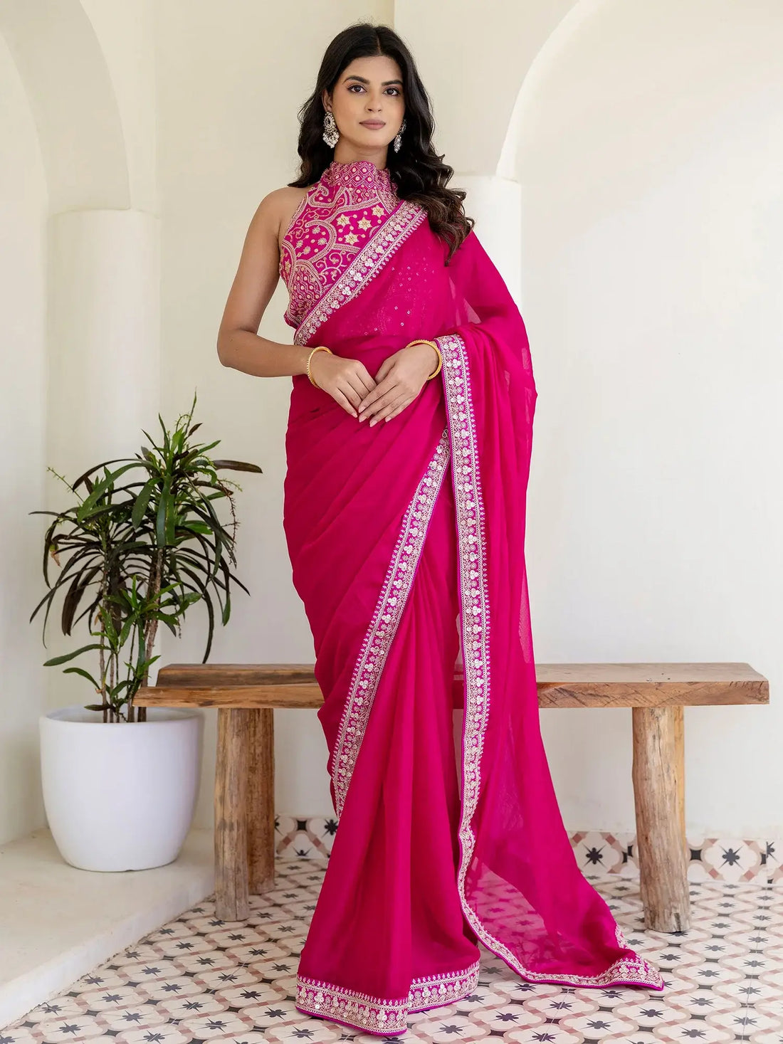 Stellar Rani Pink Border Work Silk Engagement Wear Saree With Blouse - Zeel Clothing
