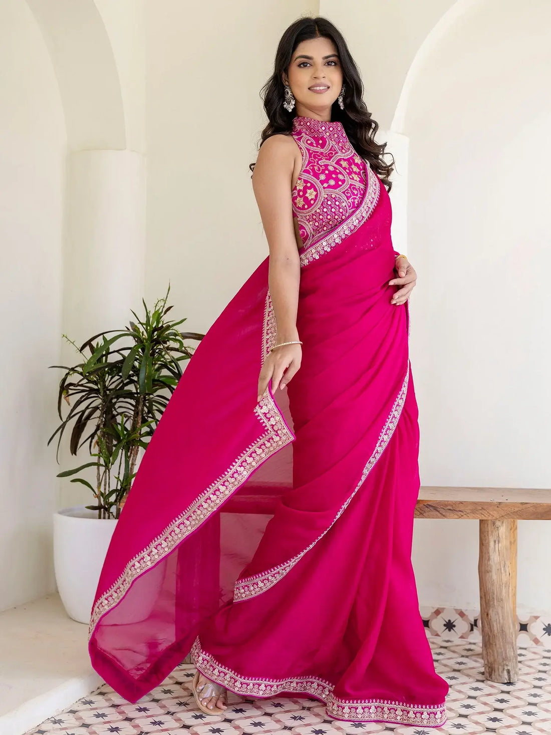 Stellar Rani Pink Border Work Silk Engagement Wear Saree With Blouse - Zeel Clothing