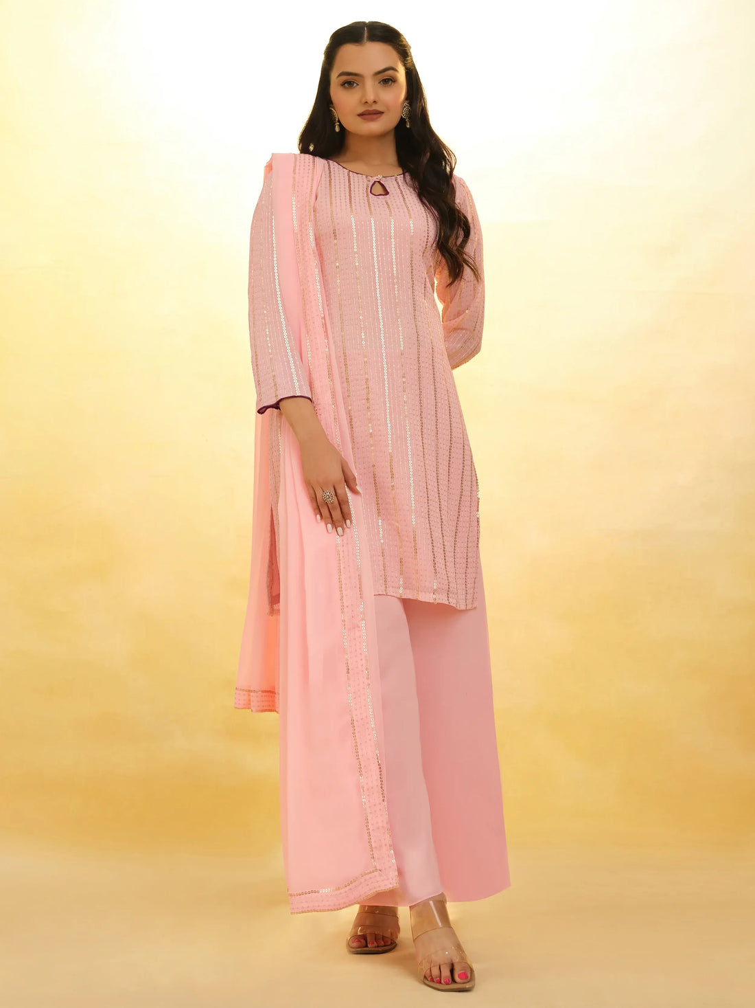 Stunning Baby Pink Sequins Georgette Festival Wear Palazzo Suit - Zeel Clothing