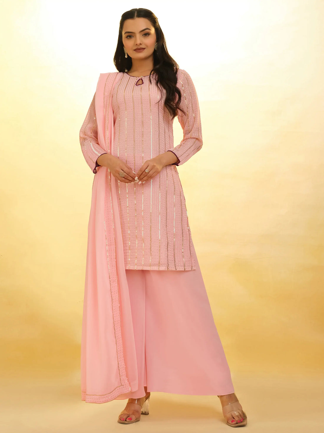Stunning Baby Pink Sequins Georgette Festival Wear Palazzo Suit - Zeel Clothing