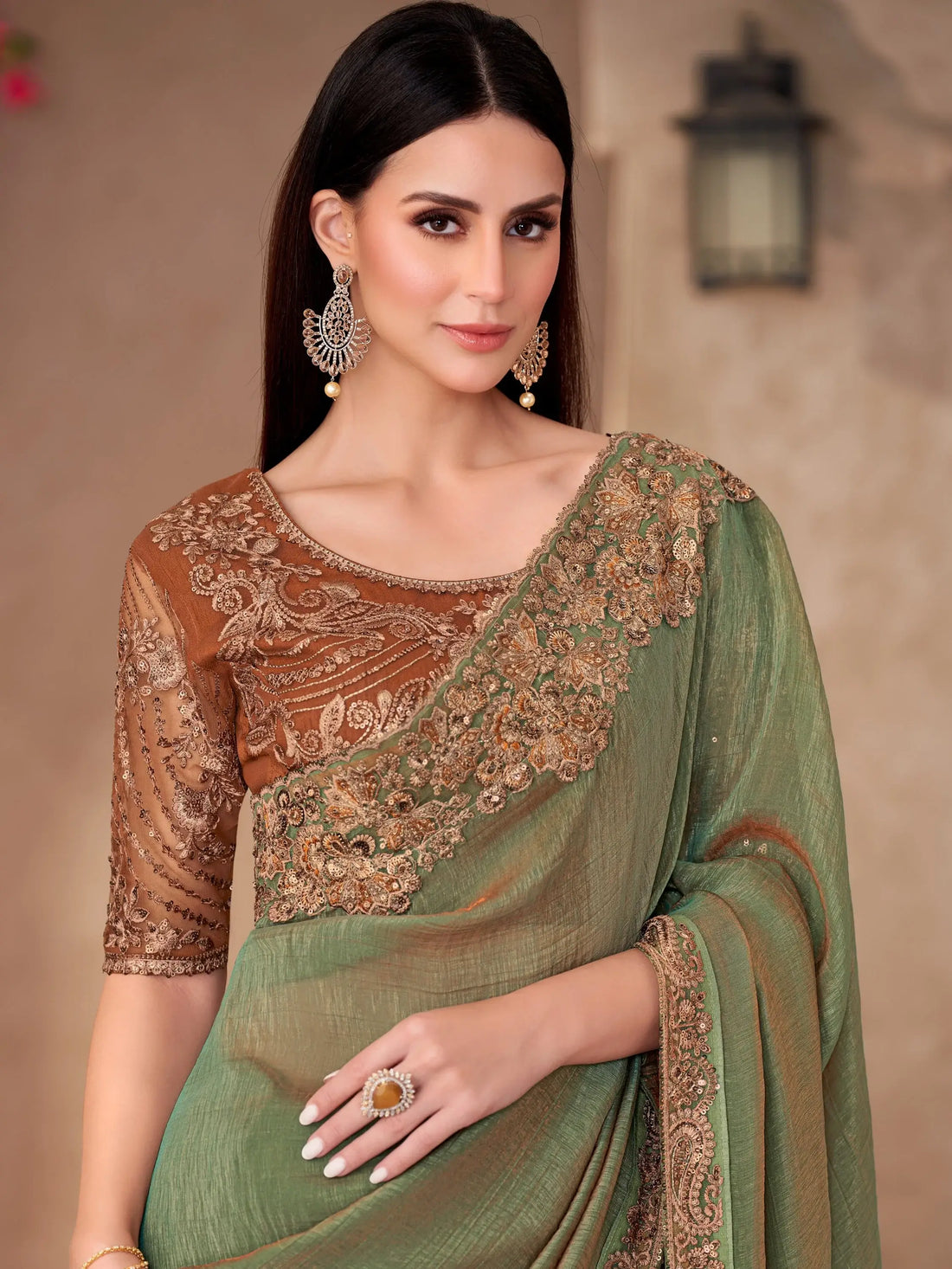 Stunning Olive Green Embroidered Border Work Georgette Mehendi Wear Saree - Zeel Clothing