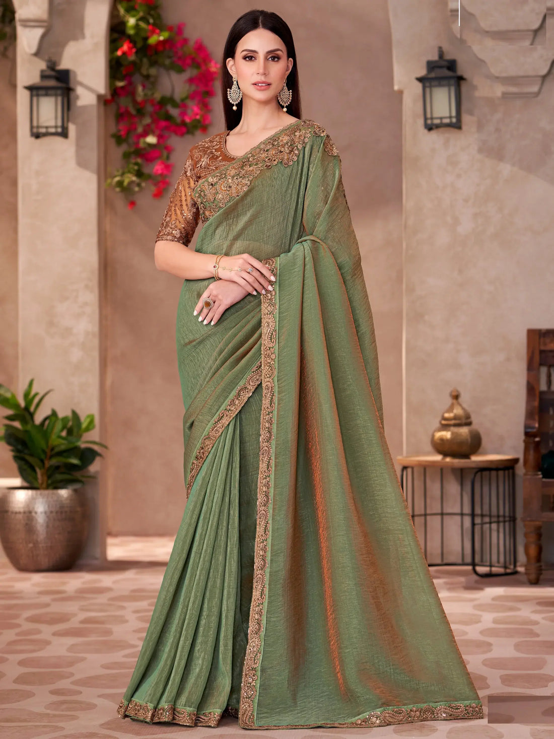 Stunning Olive Green Embroidered Border Work Georgette Mehendi Wear Saree - Zeel Clothing