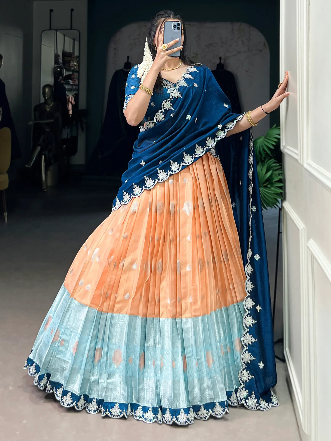 Stunning Orange Zari Weaving Silk Traditional Half Saree Lehenga - Zeel Clothing