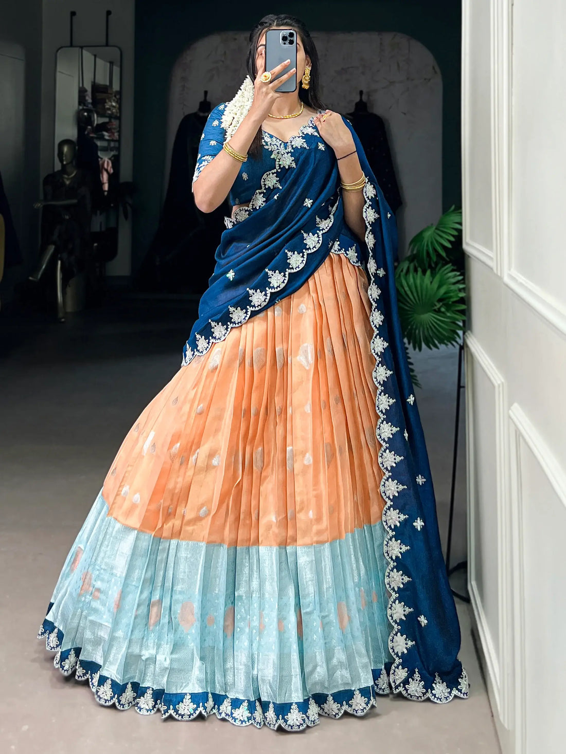 Stunning Orange Zari Weaving Silk Traditional Half Saree Lehenga - Zeel Clothing