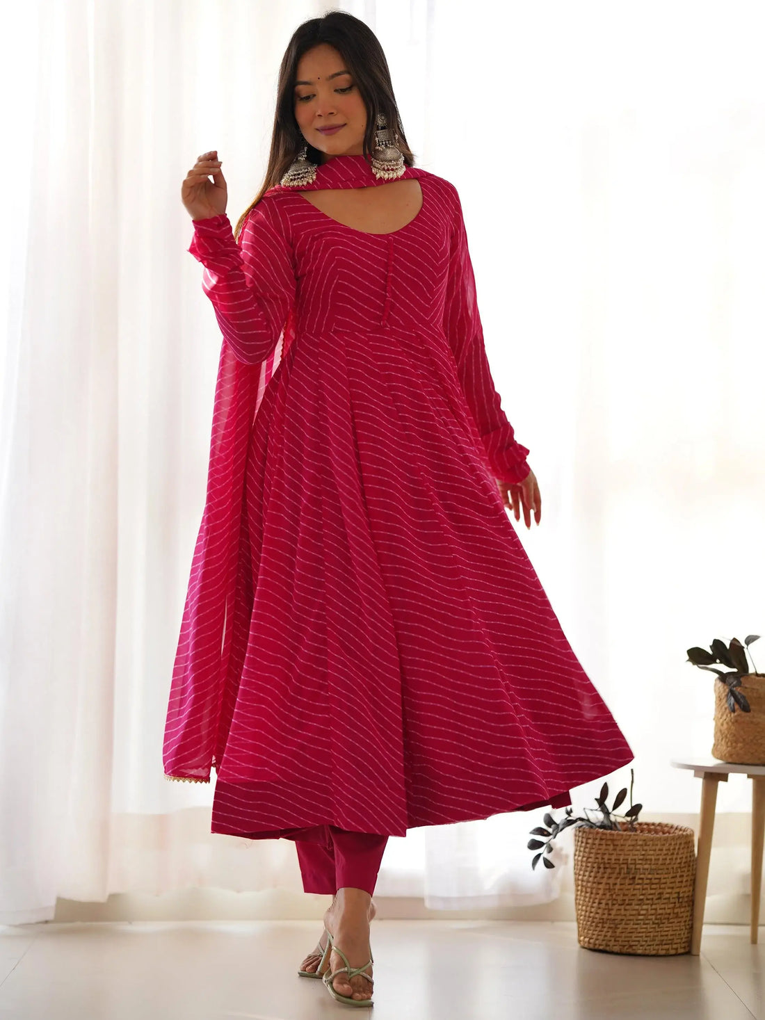 Stunning Pink Laheriya Printed Georgette Event Wear Anarkali Suit - Zeel Clothing